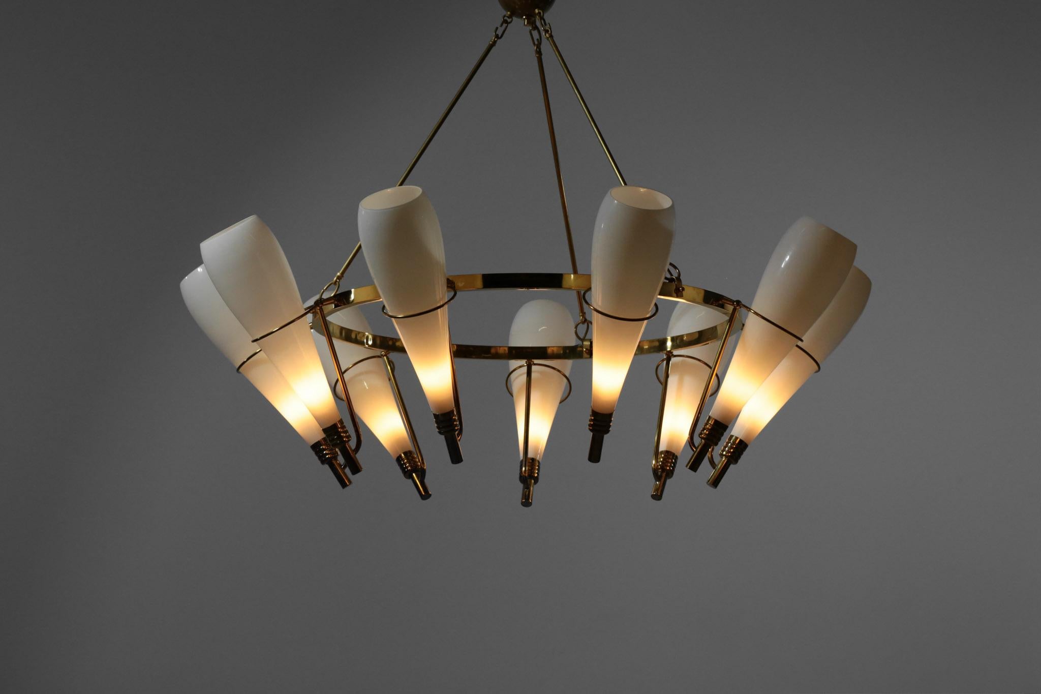 Large Modern Italian Chandelier in Style of Stilnovo Opalin Brass 