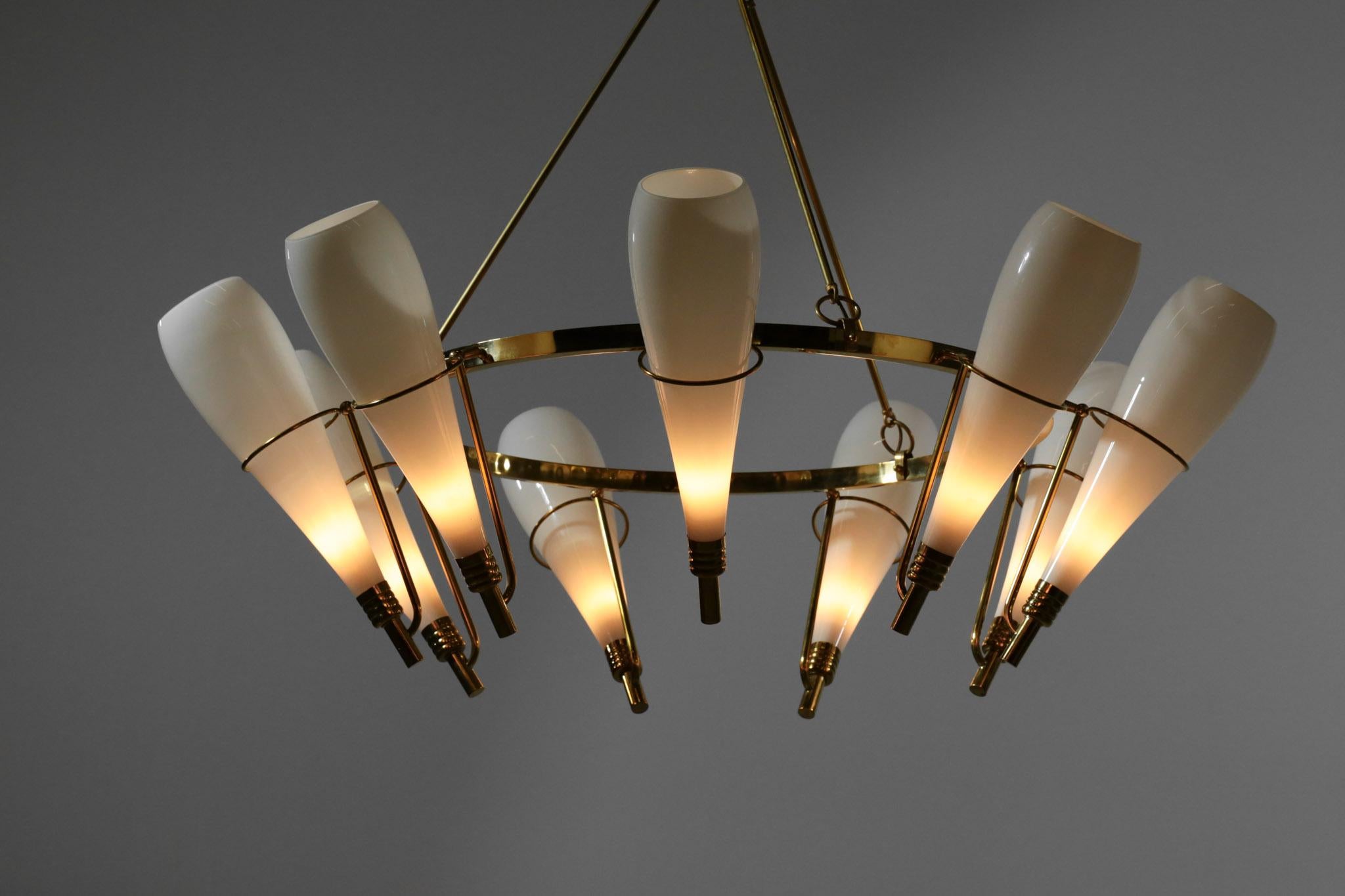 Large Modern Italian Chandelier in Style of Stilnovo Opalin Brass 