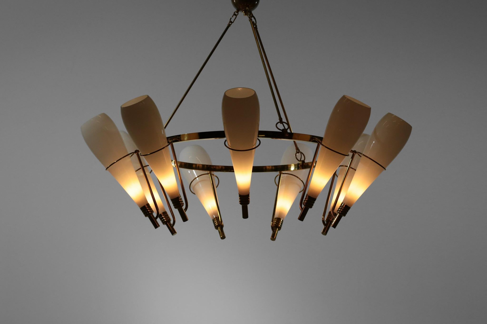 Large Modern Italian Chandelier in Style of Stilnovo Opalin Brass 