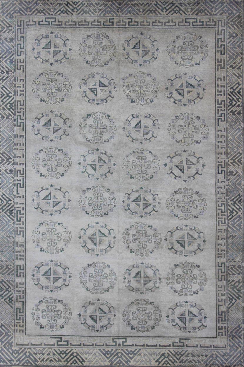 Hand-Knotted Large Modern Khotan Design in Gray, Silver, and Gray Blue with All Over Design For Sale