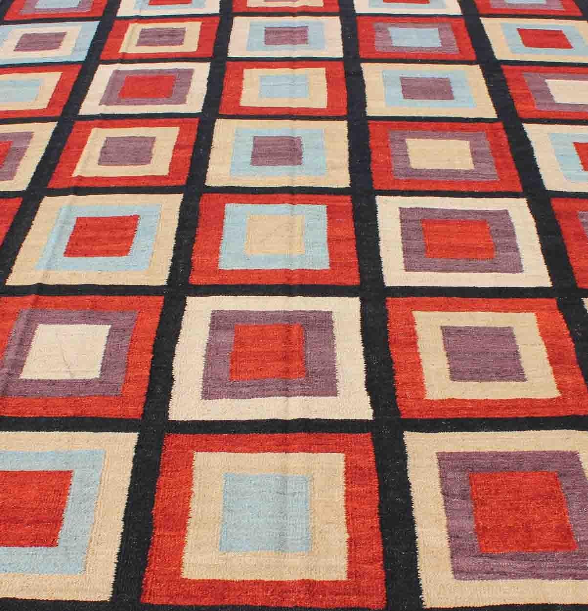 Large Modern Kilim Rug with Squared Design in Red, Blue, Black, Cream, Purple 3