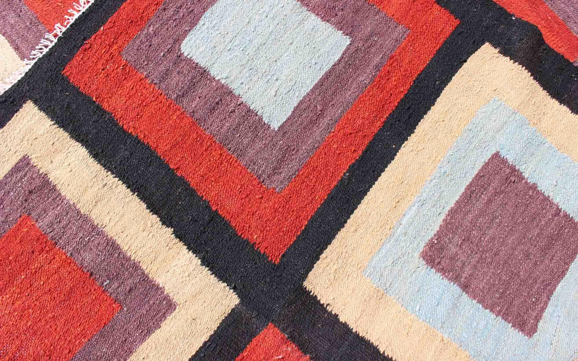 Large Modern Kilim Rug with Squared Design in Red, Blue, Black, Cream, Purple 4