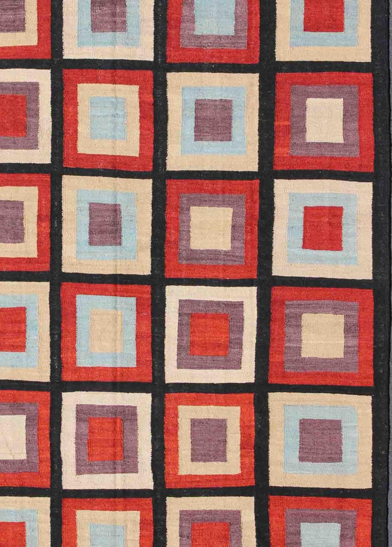 Hand-Woven Large Modern Kilim Rug with Squared Design in Red, Blue, Black, Cream, Purple