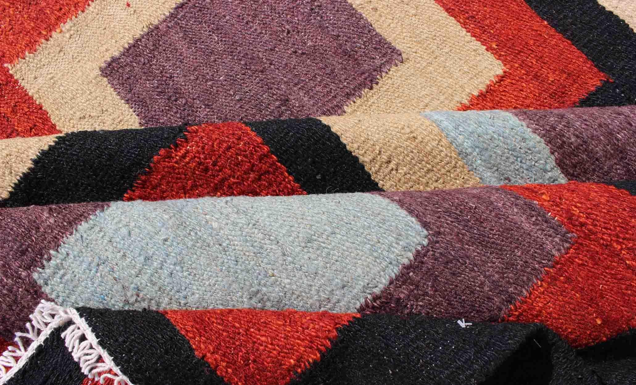 Large Modern Kilim Rug with Squared Design in Red, Blue, Black, Cream, Purple In Excellent Condition In Atlanta, GA