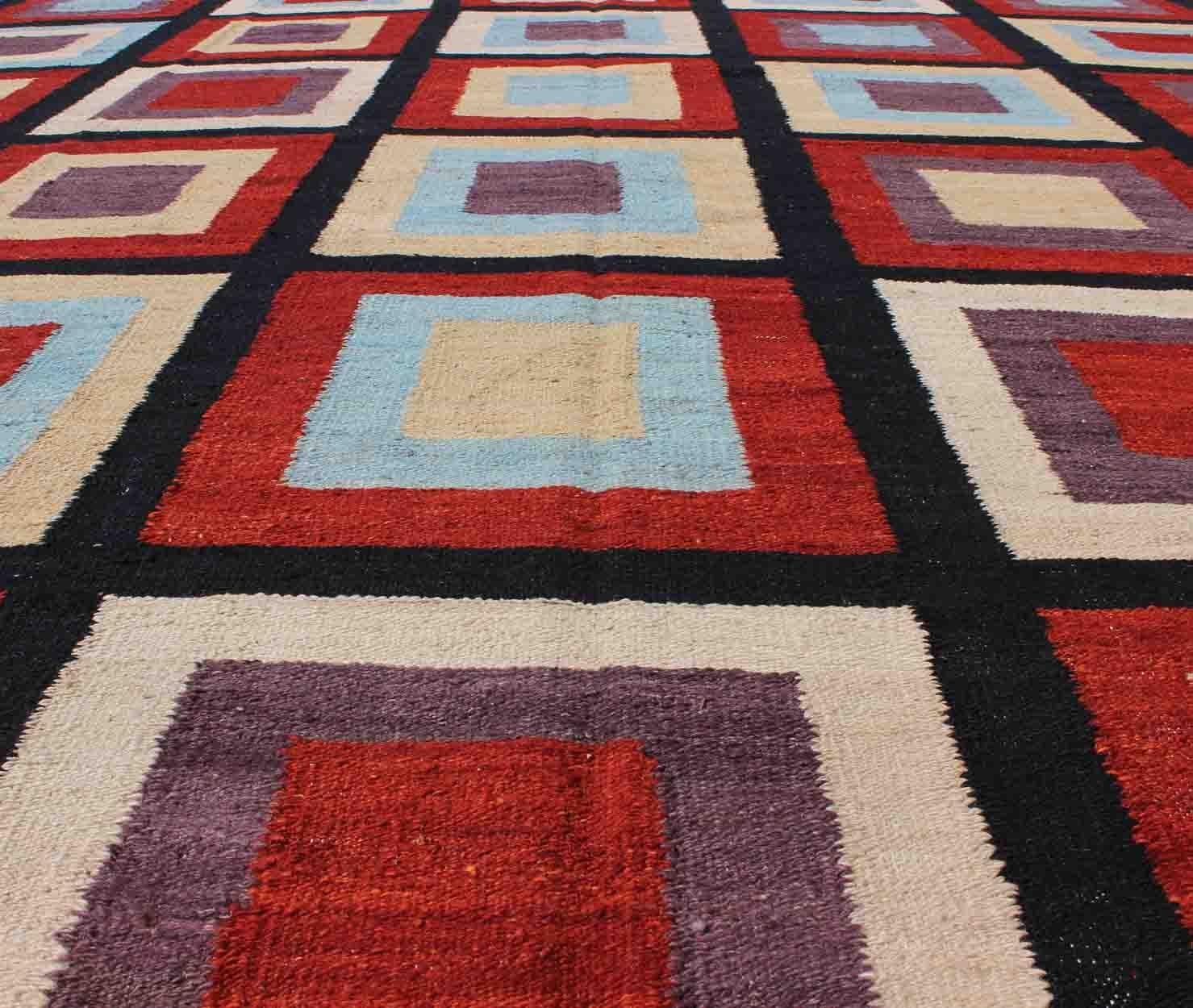 Late 20th Century Large Modern Kilim Rug with Squared Design in Red, Blue, Black, Cream, Purple