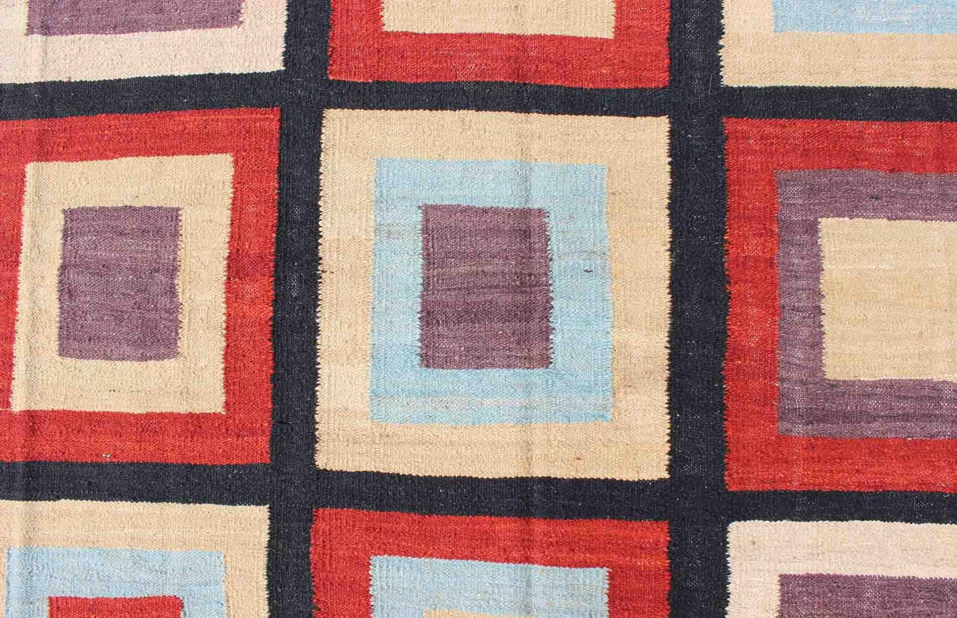 Wool Large Modern Kilim Rug with Squared Design in Red, Blue, Black, Cream, Purple