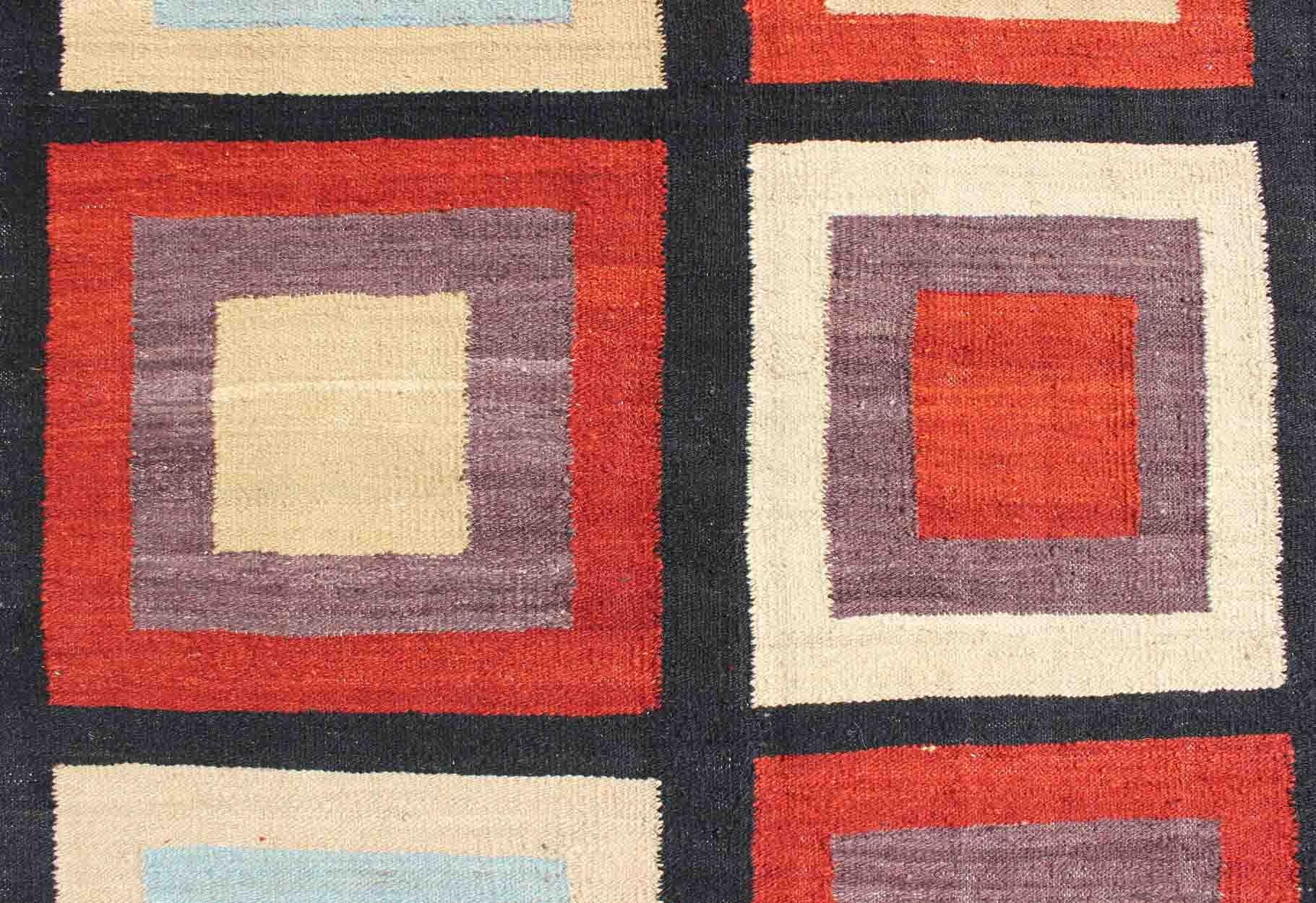 Large Modern Kilim Rug with Squared Design in Red, Blue, Black, Cream, Purple 1