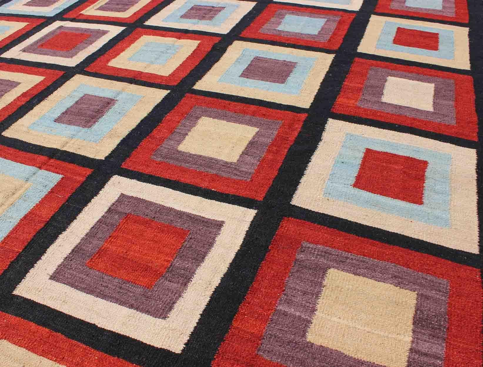 Large Modern Kilim Rug with Squared Design in Red, Blue, Black, Cream, Purple 2