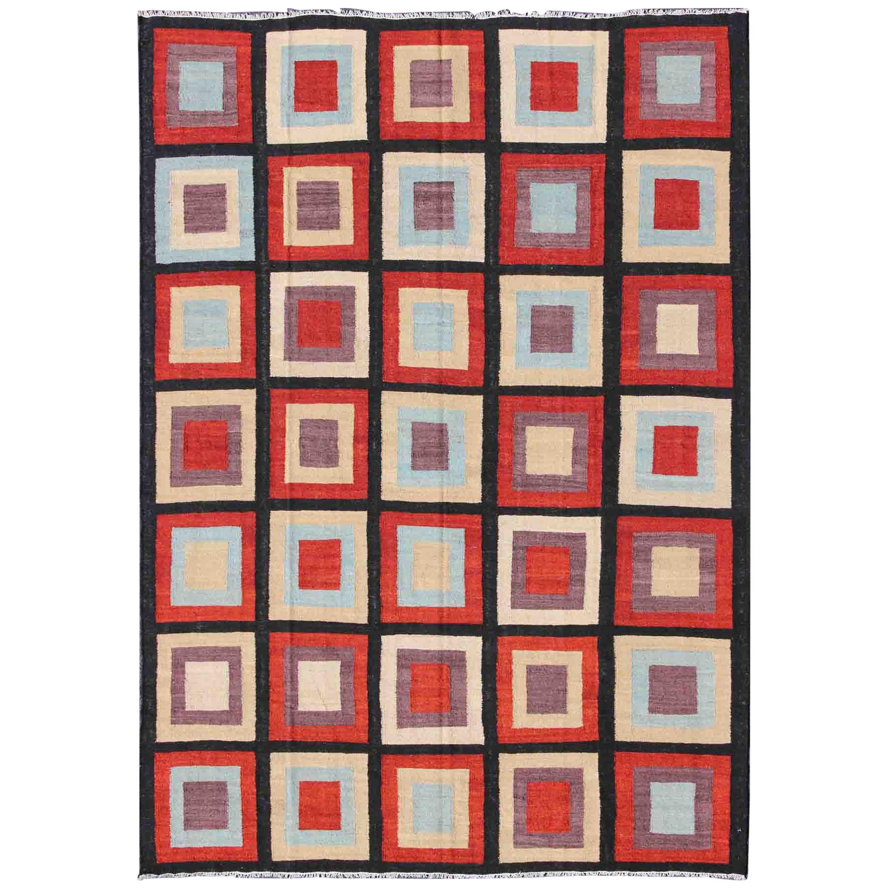 Large Modern Kilim Rug with Squared Design in Red, Blue, Black, Cream, Purple
