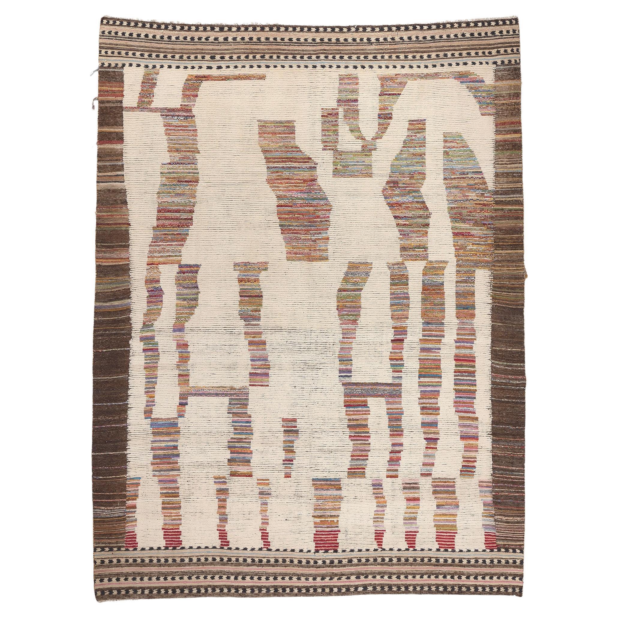 Large Modern Moroccan Area Rug with Short Pile and Earth-Tone Colors For Sale