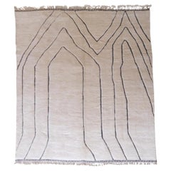 Large Modern Moroccan Beni M'Rirt Rug with Black Engraved Design in Cream Wool