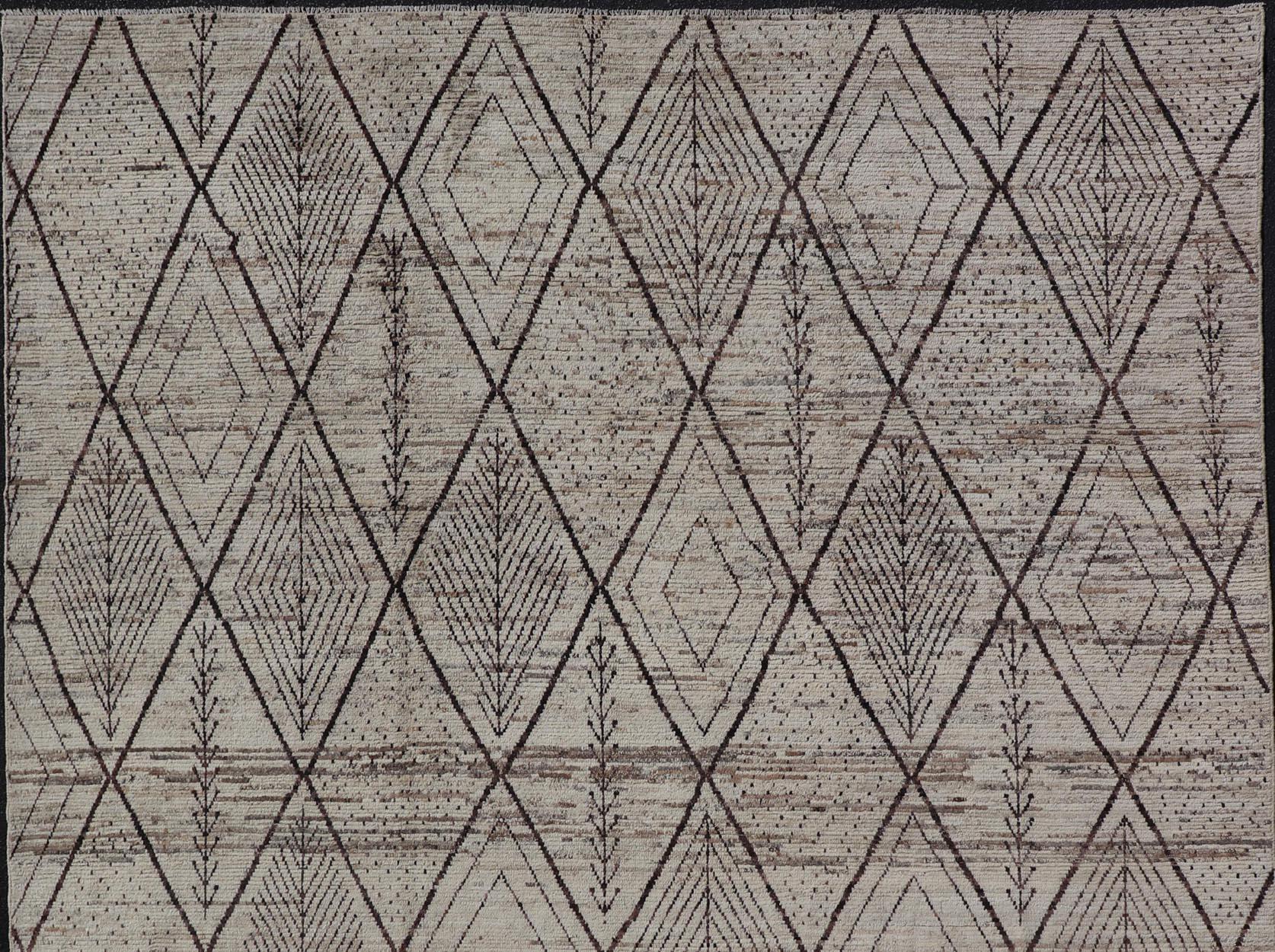Large Modern Moroccan Hand-Knotted Rug w/ Tribal Diamond Design in Natural Tones For Sale 1
