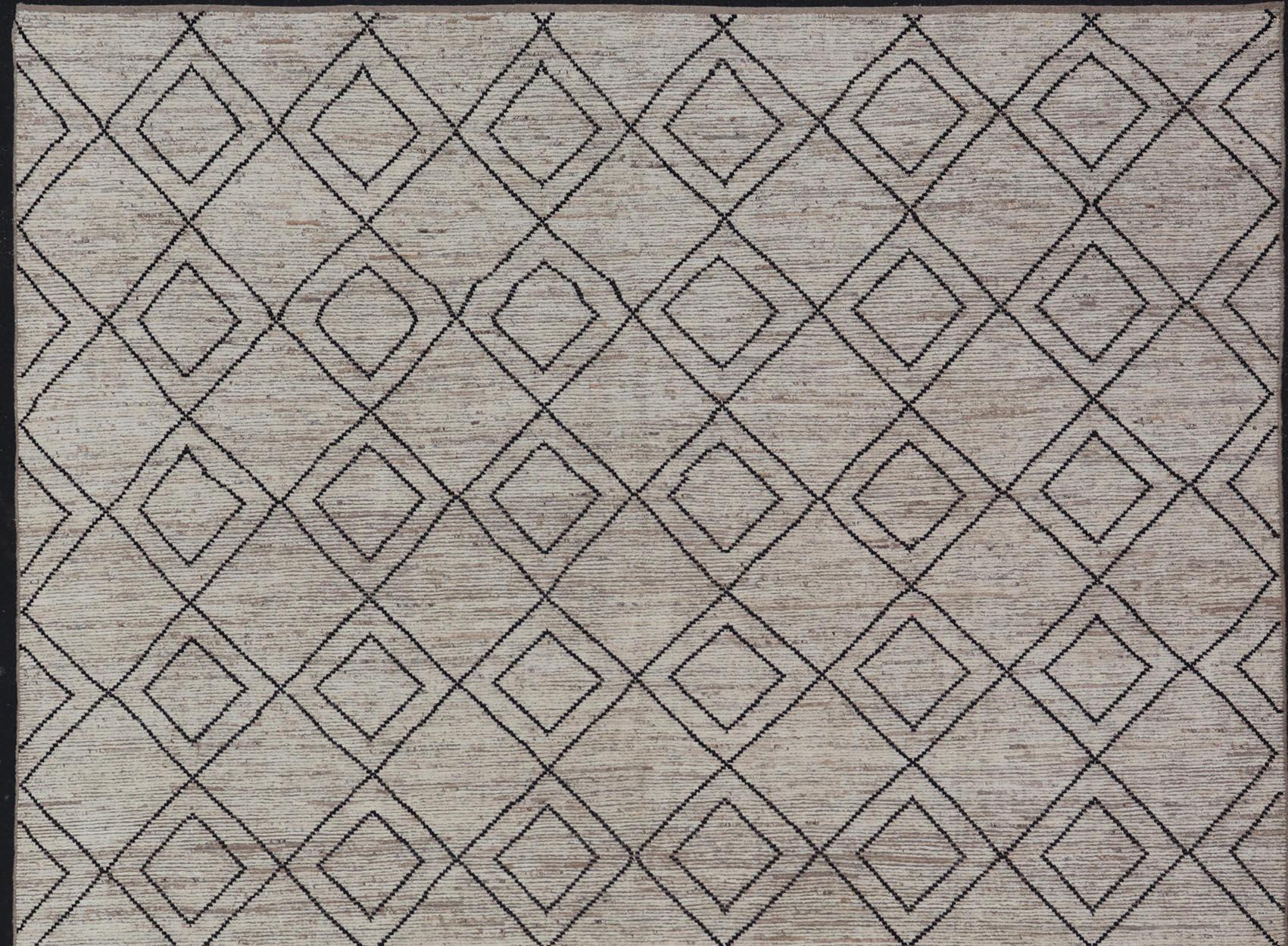 Large Modern Moroccan Rug with Tribal Diamond Design in Cream and Charcoal In New Condition For Sale In Atlanta, GA