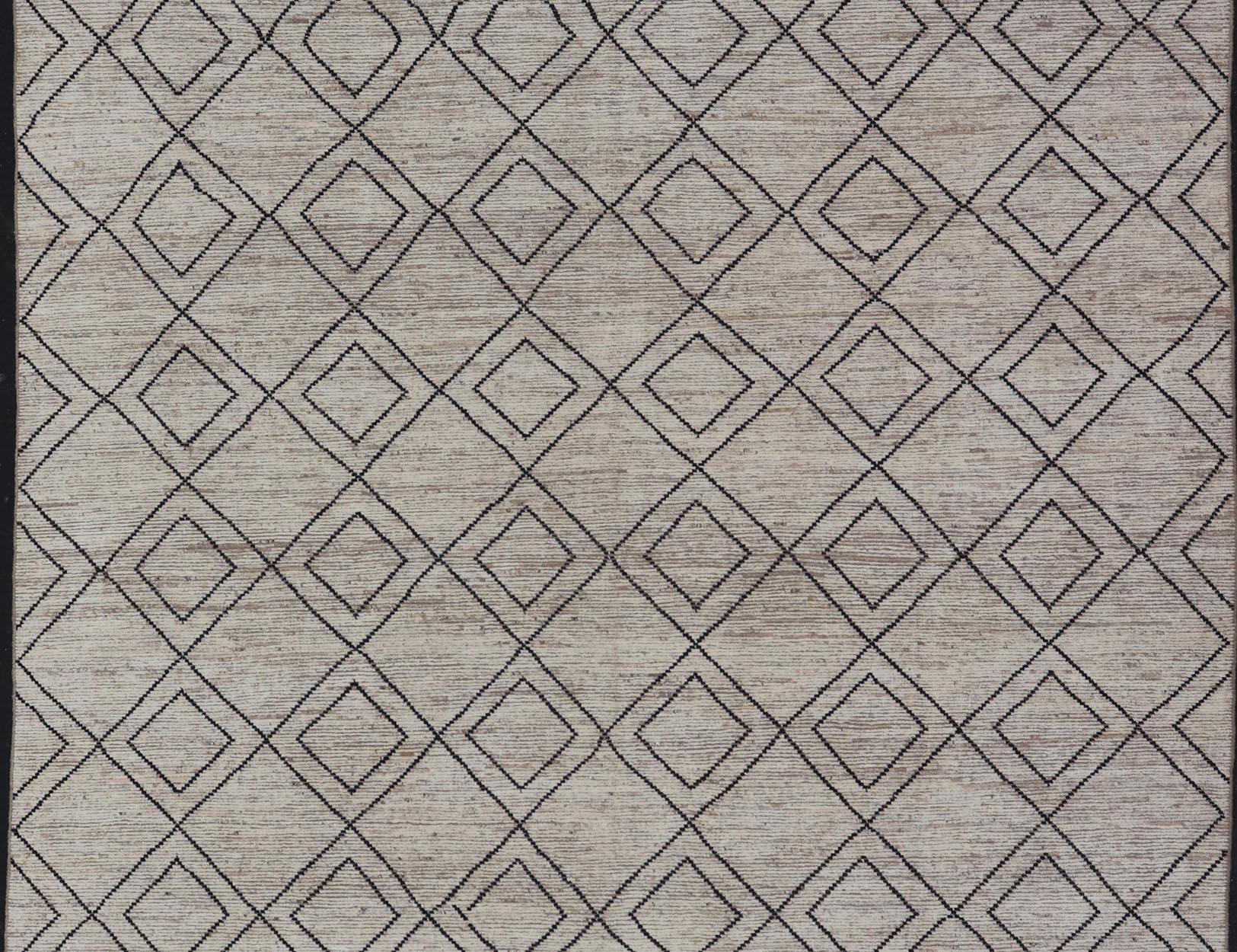 Contemporary Large Modern Moroccan Rug with Tribal Diamond Design in Cream and Charcoal For Sale
