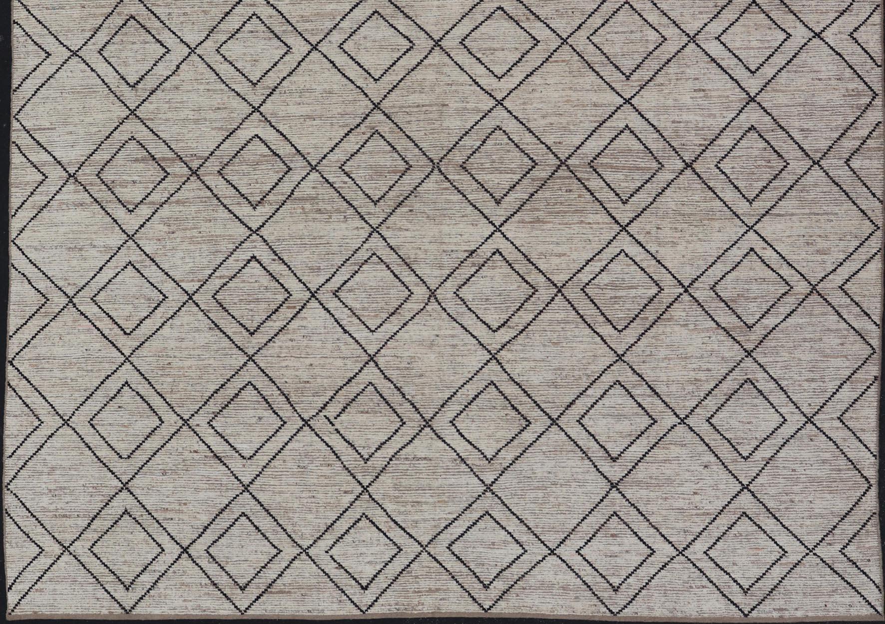 Wool Large Modern Moroccan Rug with Tribal Diamond Design in Cream and Charcoal For Sale
