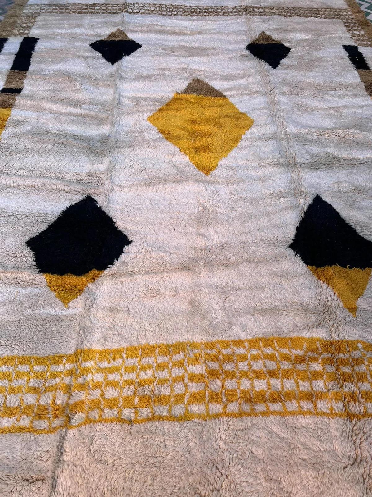 Large Modern Moroccan Wool Beni M'Rirt Rug with Abstract Brown and Yellow Design For Sale 1