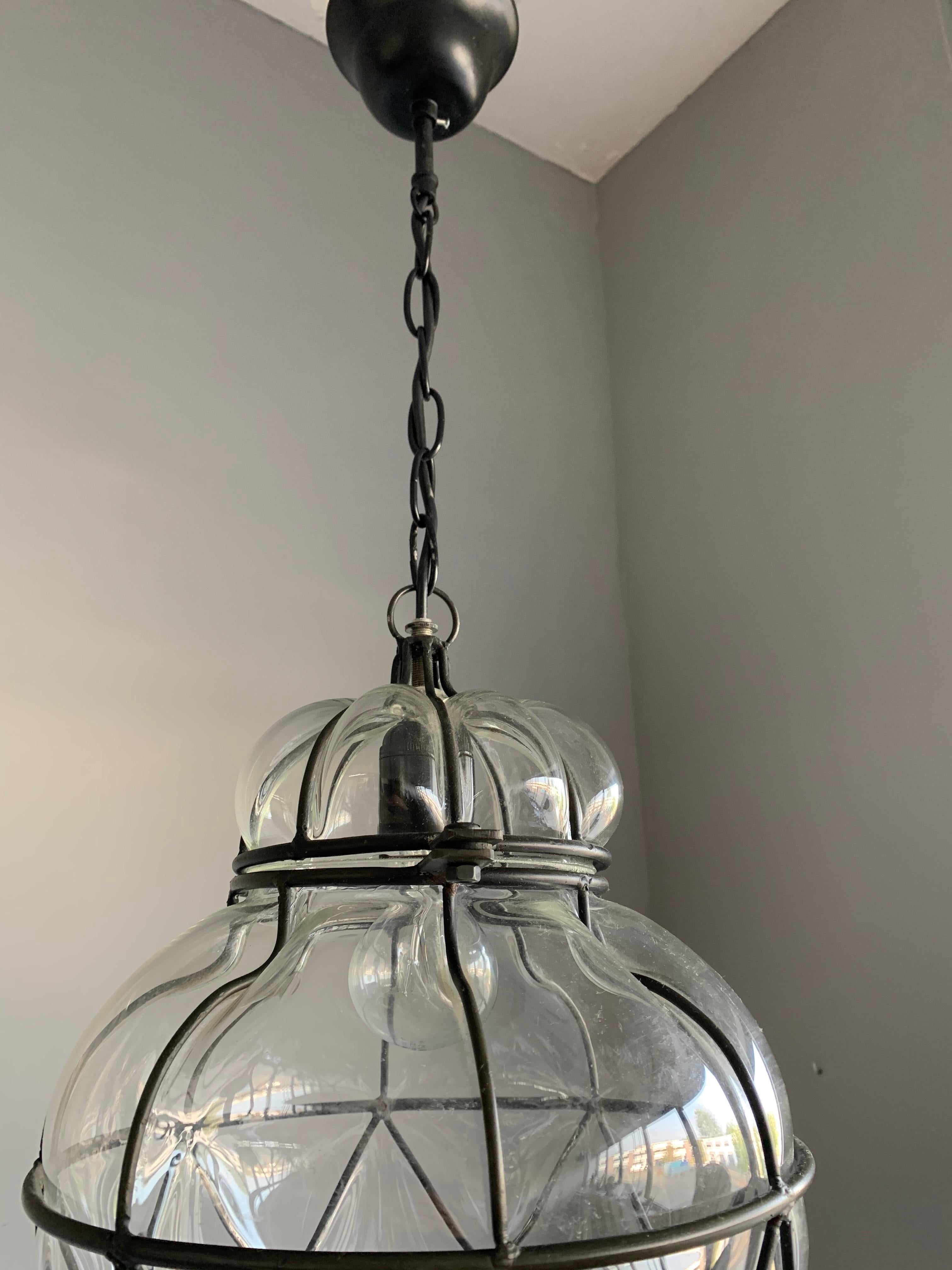 Large Venetian Style Mouth  Blown, Glass in Metal Frame Pendant Light / Fixture 2