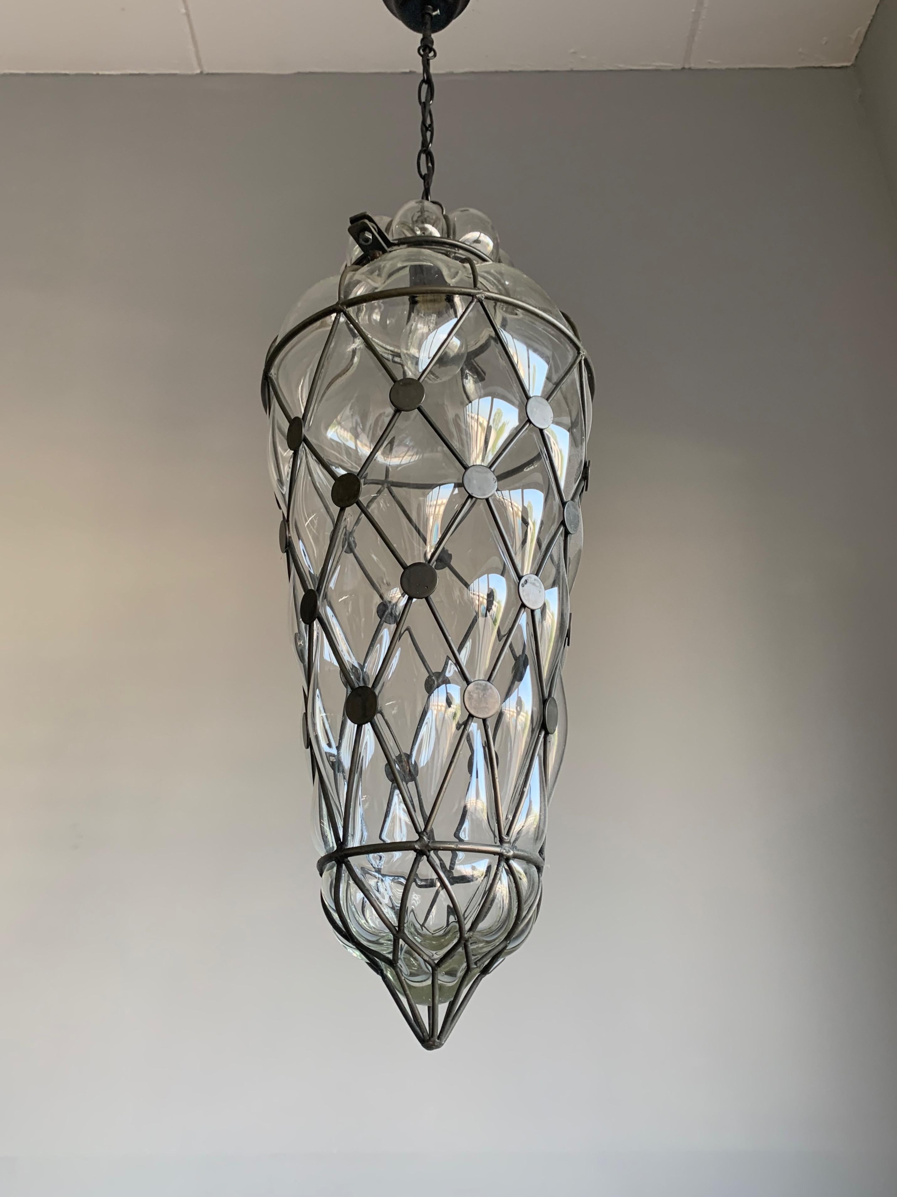 Large Venetian Style Mouth  Blown, Glass in Metal Frame Pendant Light / Fixture 7