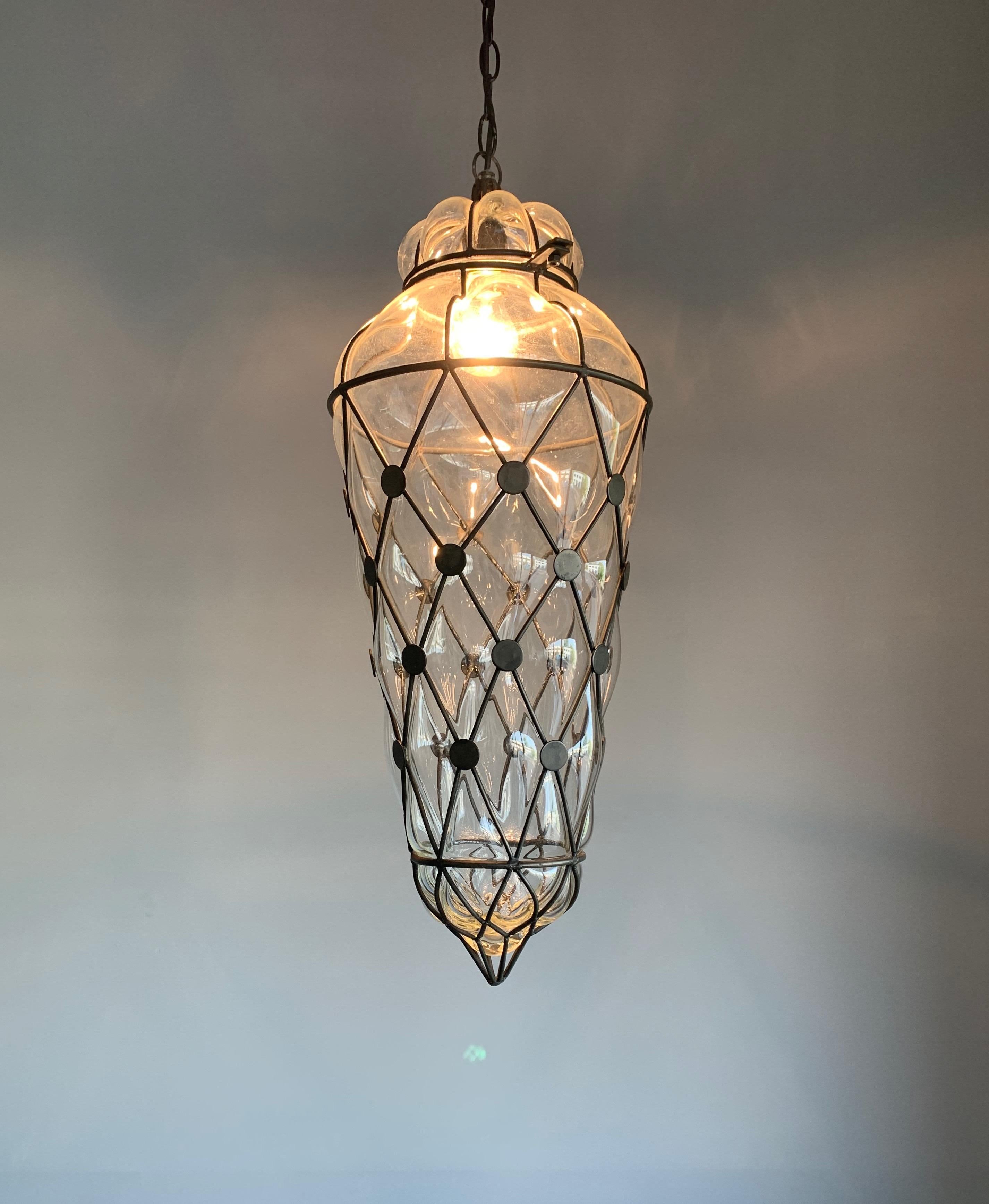 Large Venetian Style Mouth  Blown, Glass in Metal Frame Pendant Light / Fixture 9