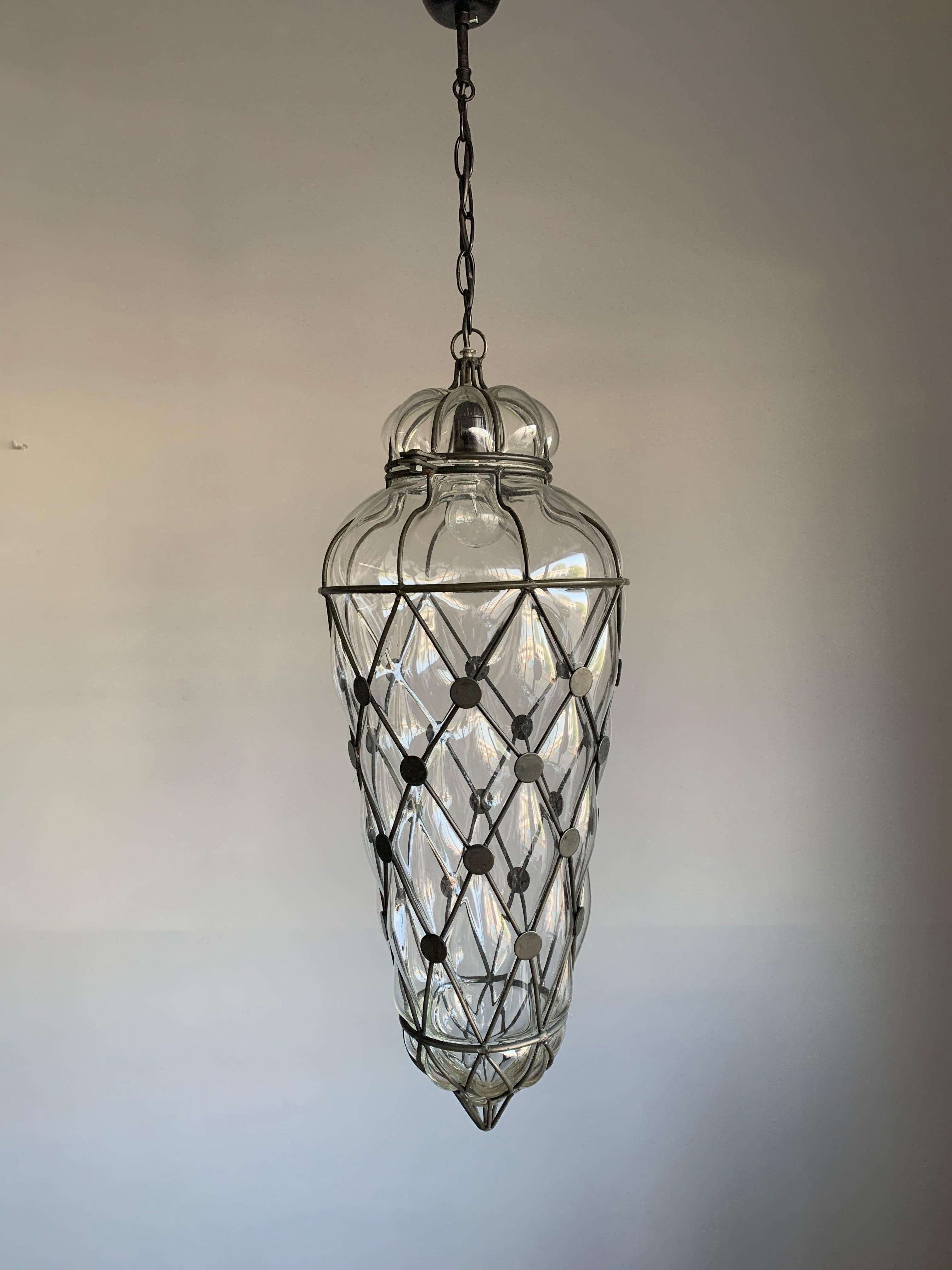 Large Venetian Style Mouth  Blown, Glass in Metal Frame Pendant Light / Fixture 10