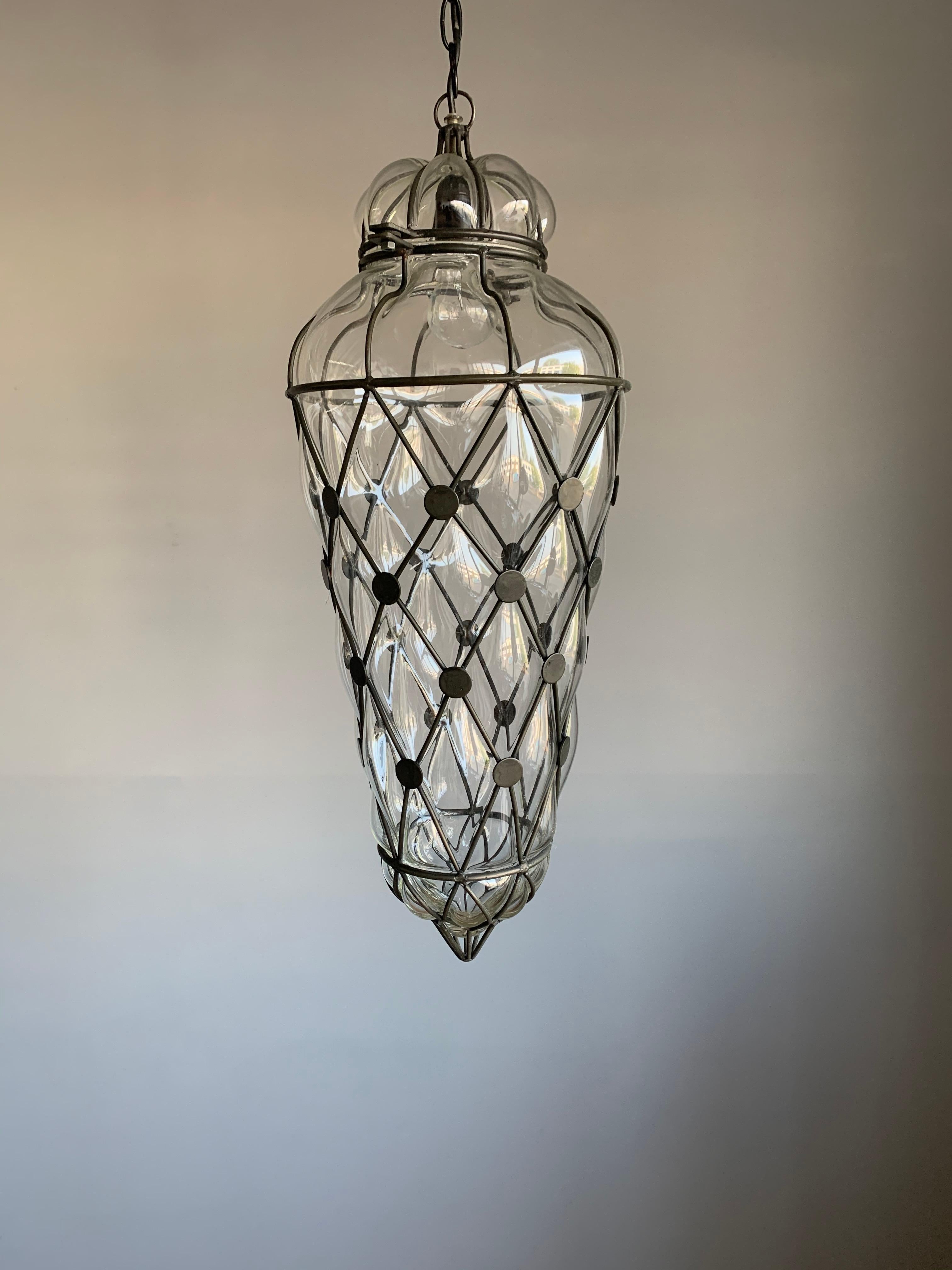 Large Venetian Style Mouth  Blown, Glass in Metal Frame Pendant Light / Fixture 11