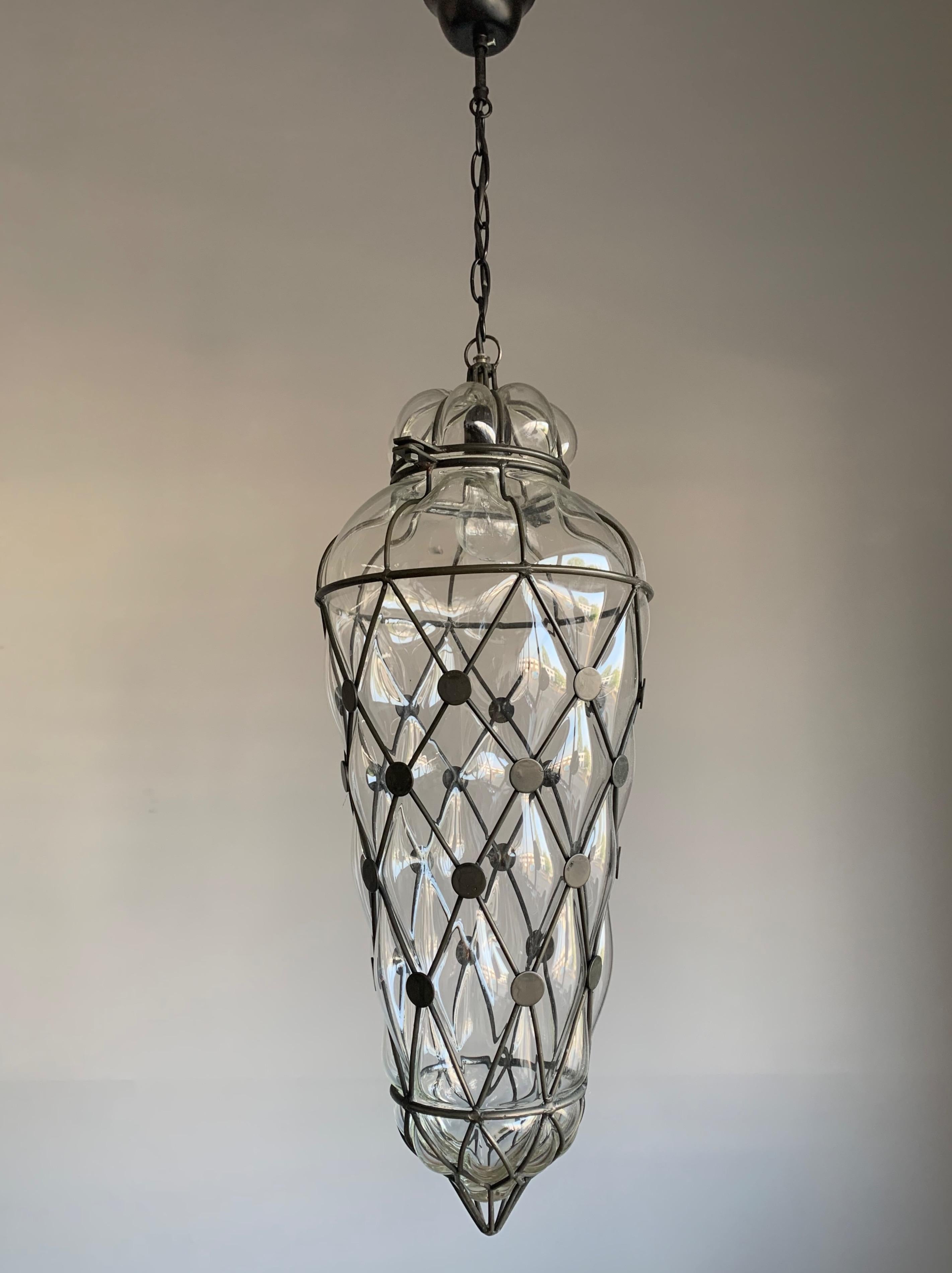 Hand-Crafted Large Venetian Style Mouth  Blown, Glass in Metal Frame Pendant Light / Fixture