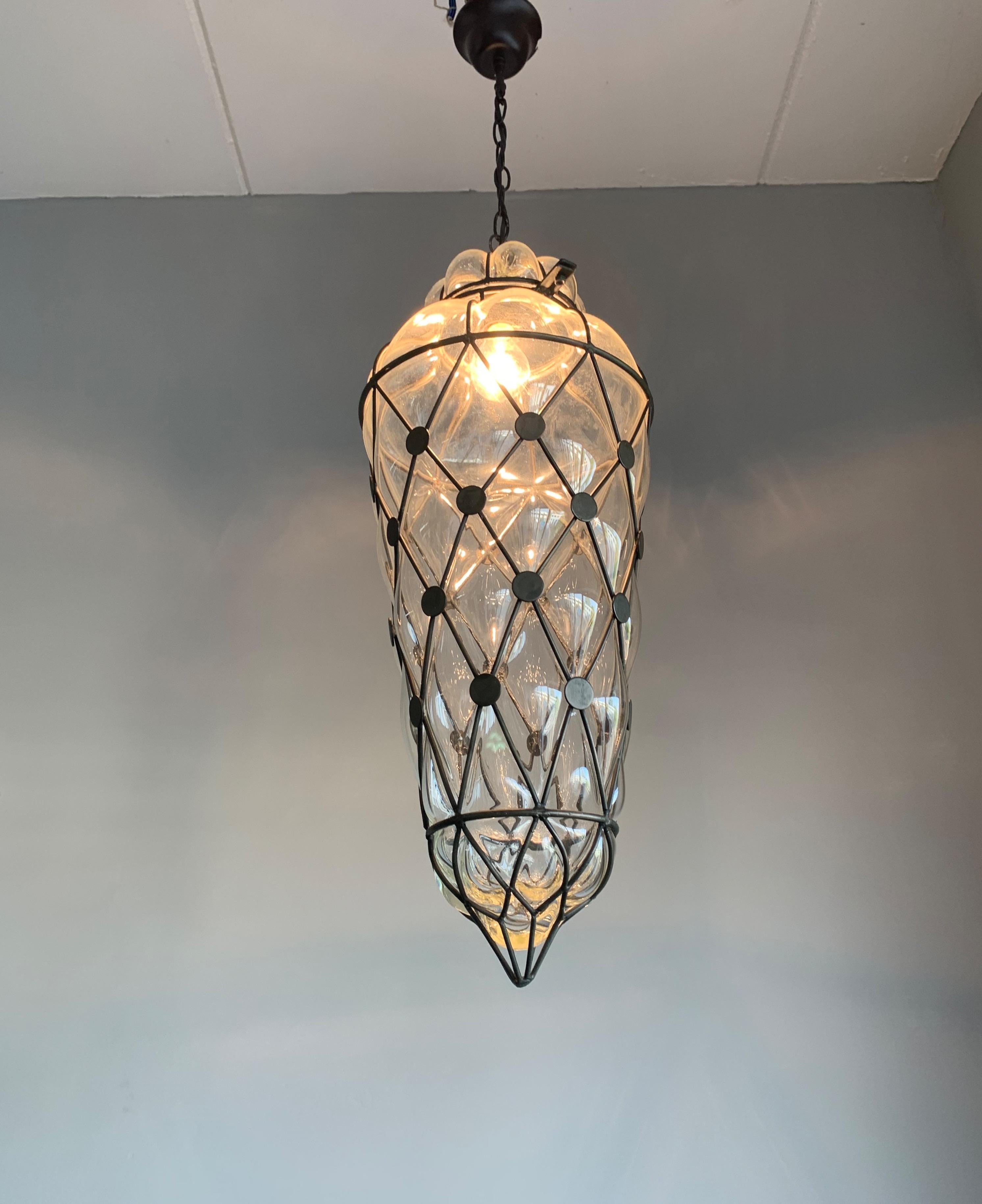 Large Venetian Style Mouth  Blown, Glass in Metal Frame Pendant Light / Fixture In Excellent Condition In Lisse, NL
