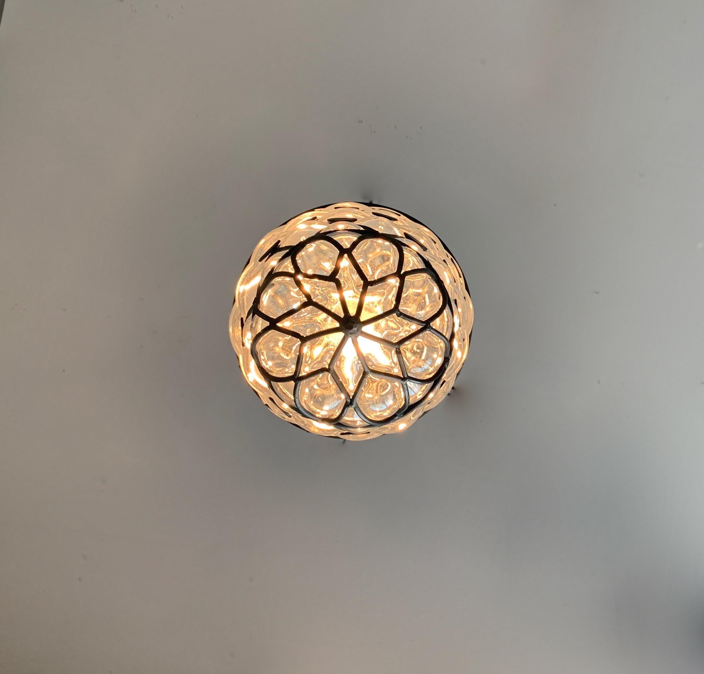 Contemporary Large Venetian Style Mouth  Blown, Glass in Metal Frame Pendant Light / Fixture