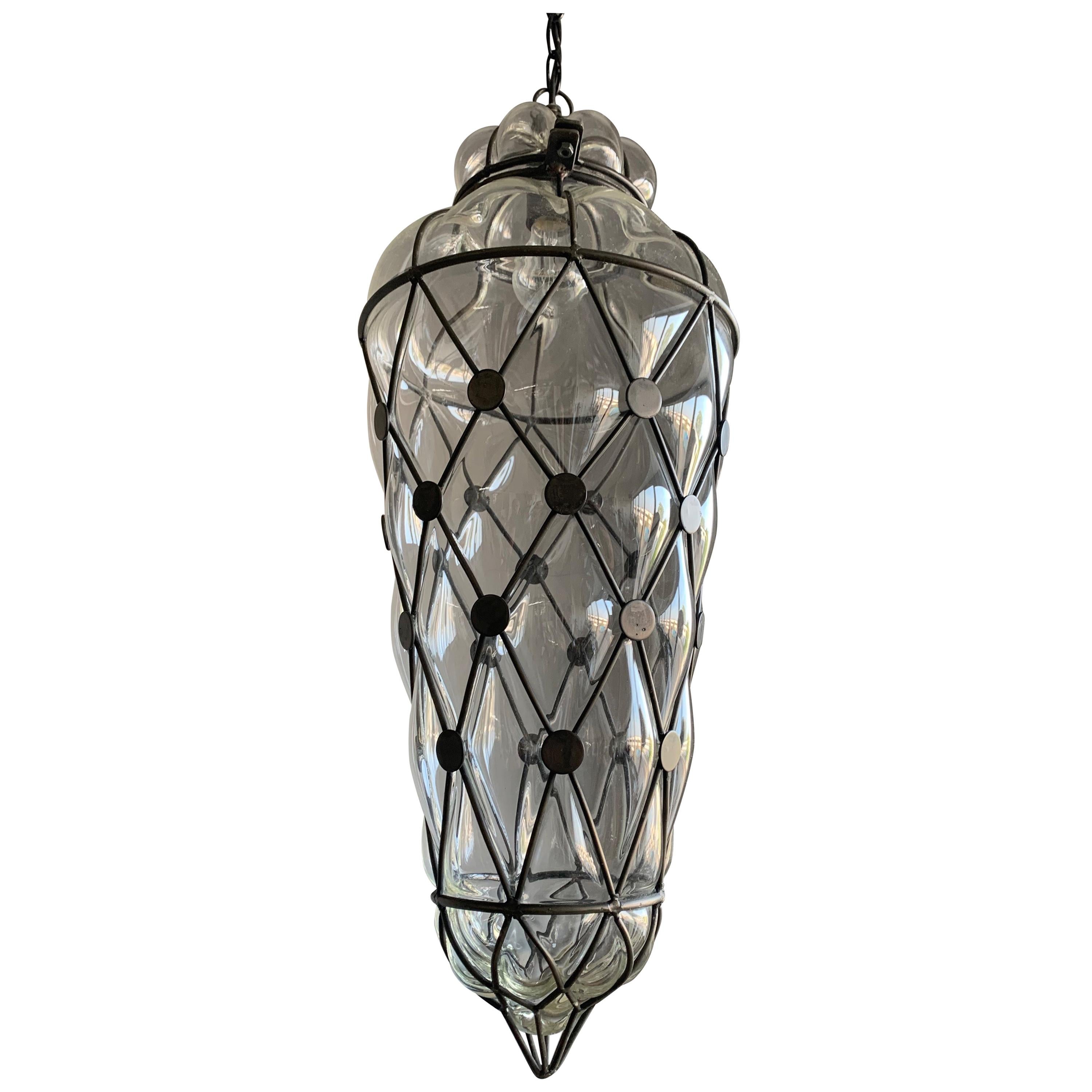 Large Venetian Style Mouth  Blown, Glass in Metal Frame Pendant Light / Fixture