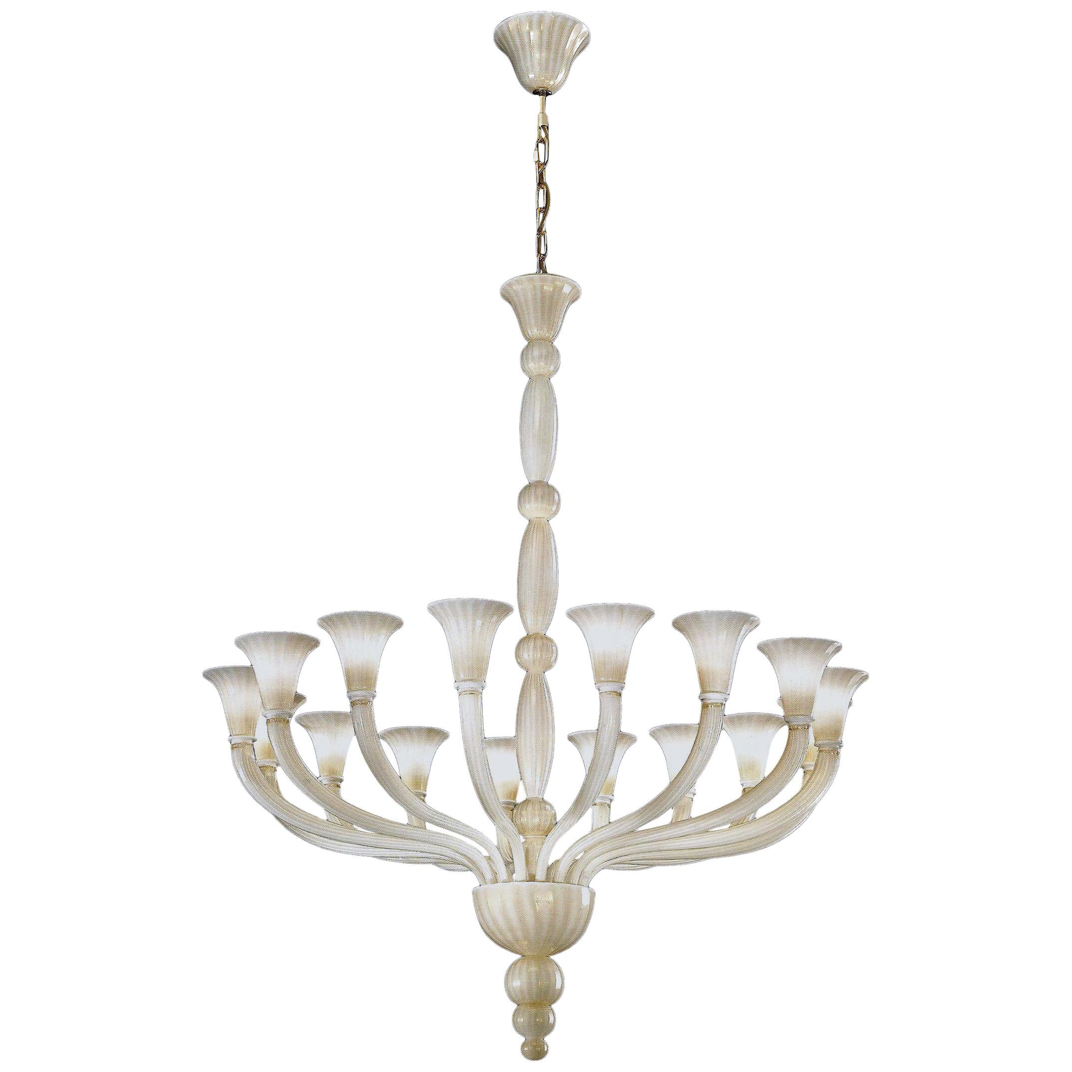 Large Modern Neoclassical Murano / Venetian 16-Arm White & Gold Glass Chandelier For Sale