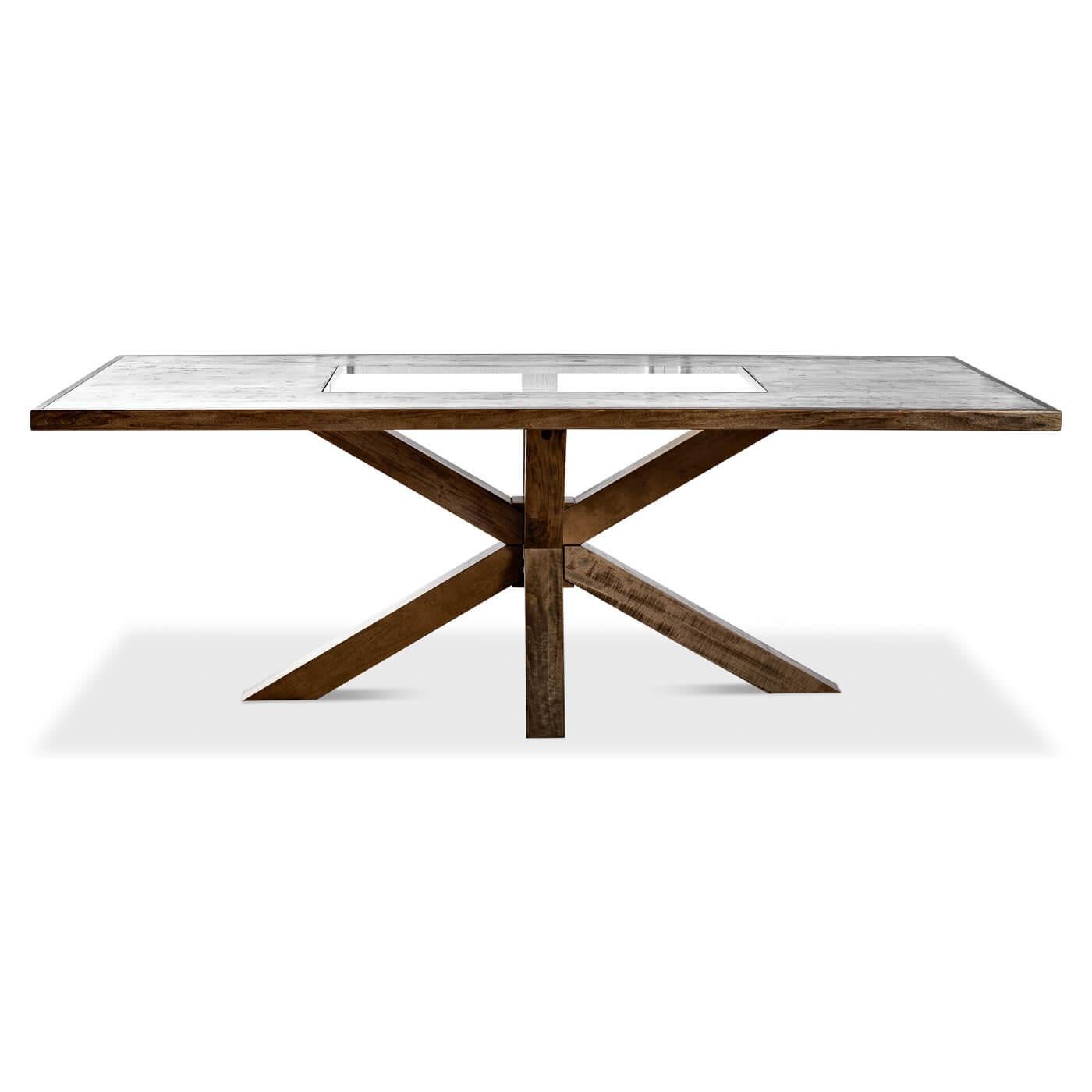 Large modern oak and glass top dining room table with a striking starlike angled base. 

Dimensions: 86
