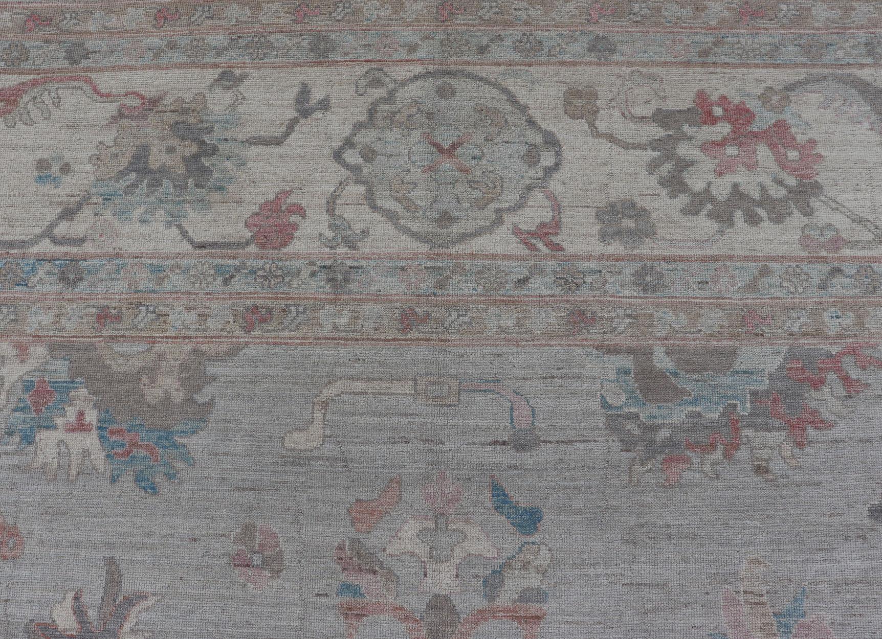 Large Oushak Rug with Floral Motifs & Muted Colorful Tones on Neutral Background For Sale 10