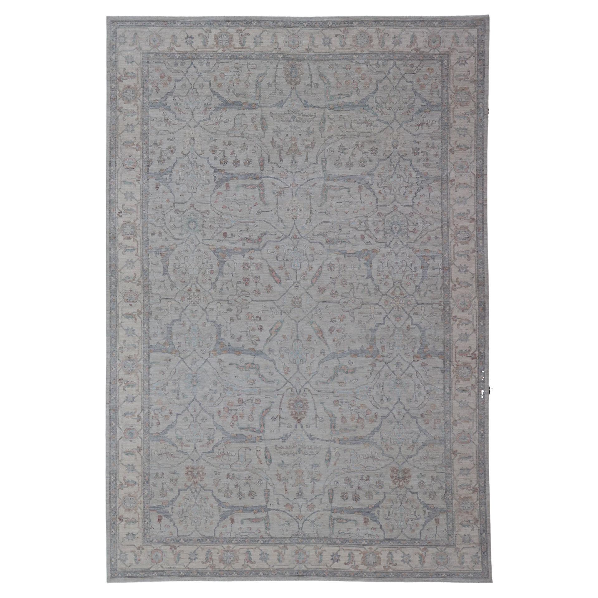 Very Large Modern Oushak on Light Gray Background With Blue  13'4 X 20'