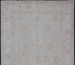 Large Modern Oushak Rug in Soft Gray with Faded Pastel Motifs and Subtle Design