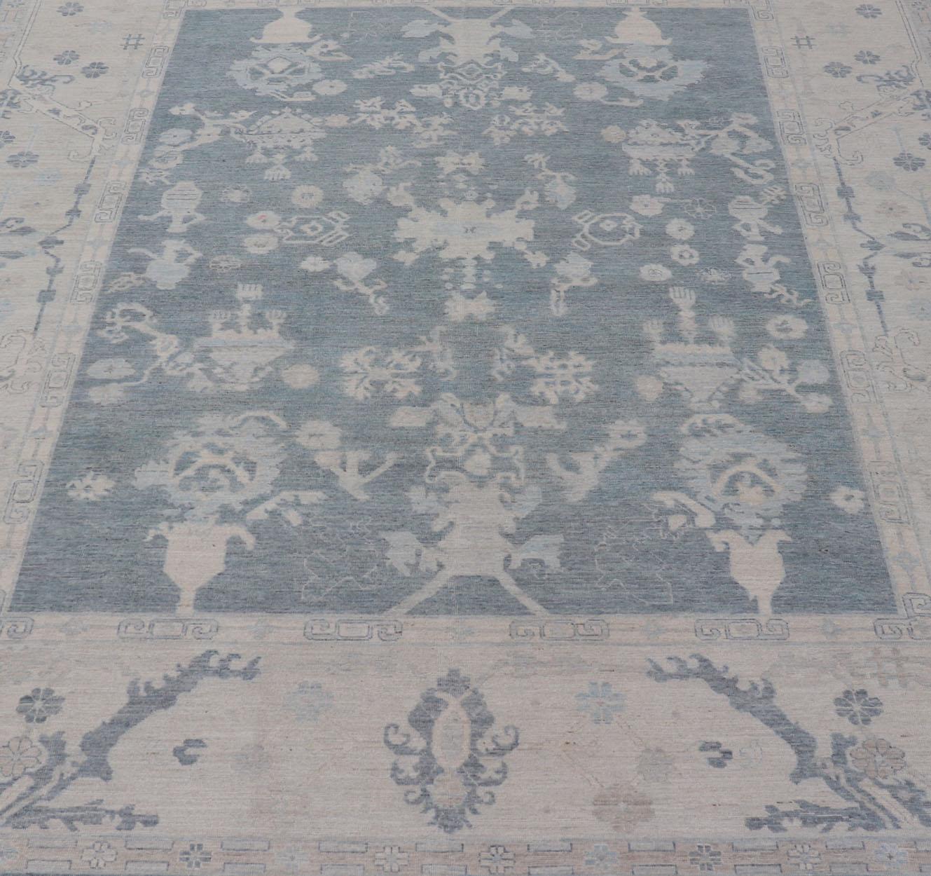 Large Modern Oushak Rug with Muted Tones of Blue, Gray, and Cream For Sale 7