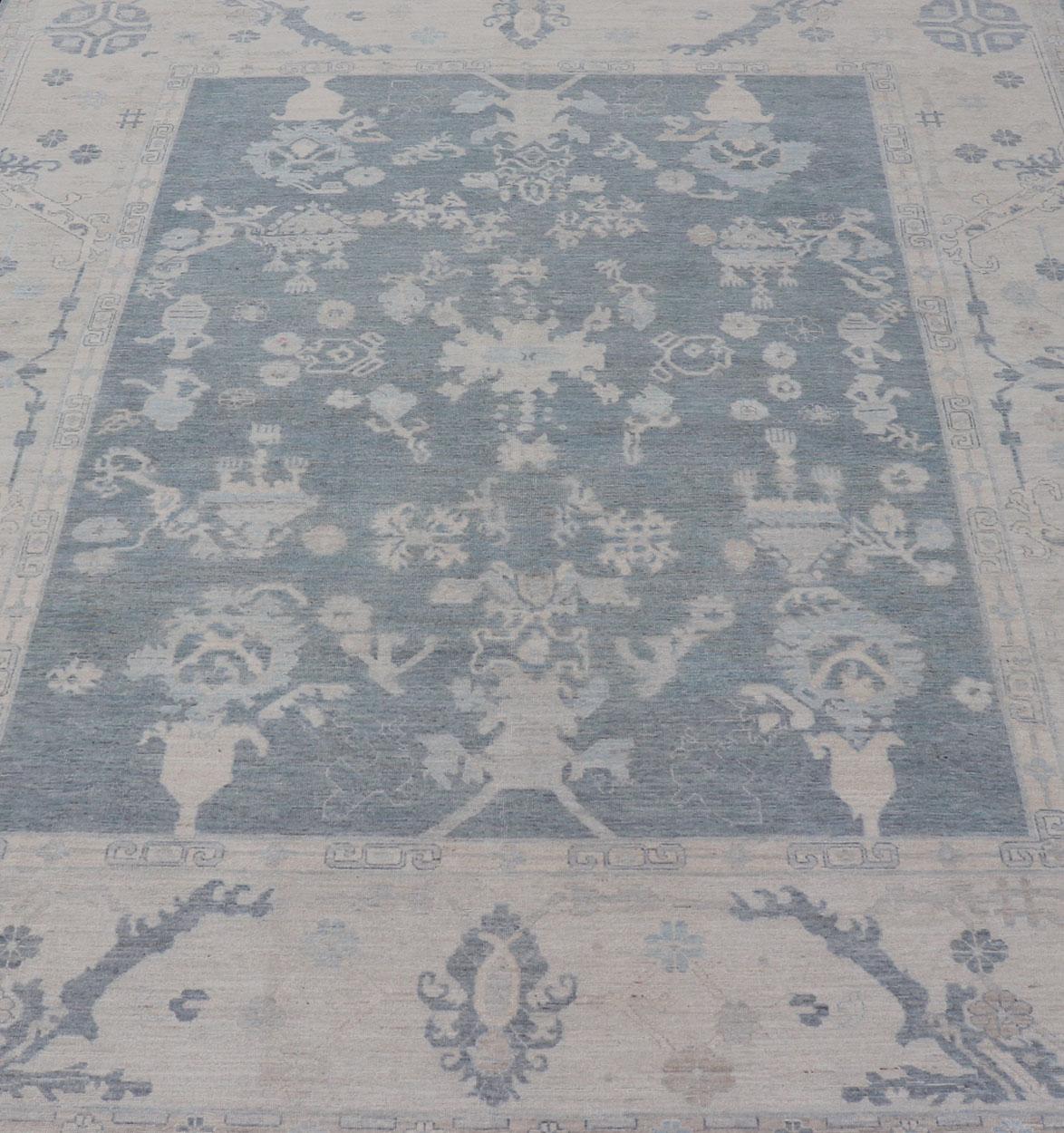 Large Modern Oushak Rug with Muted Tones of Blue, Gray, and Cream For Sale 8
