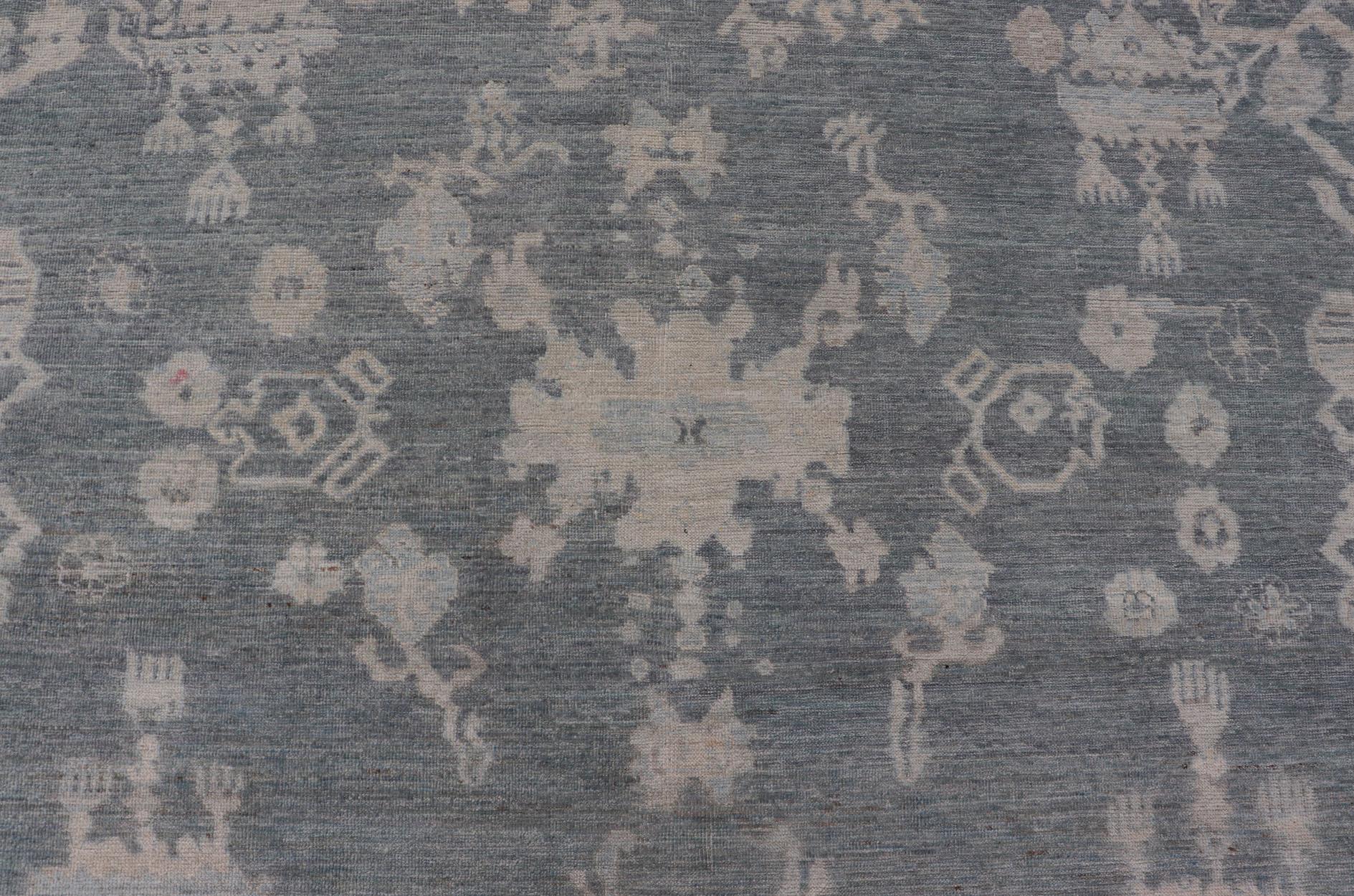 Hand-Knotted Large Modern Oushak Rug with Muted Tones of Blue, Gray, and Cream For Sale