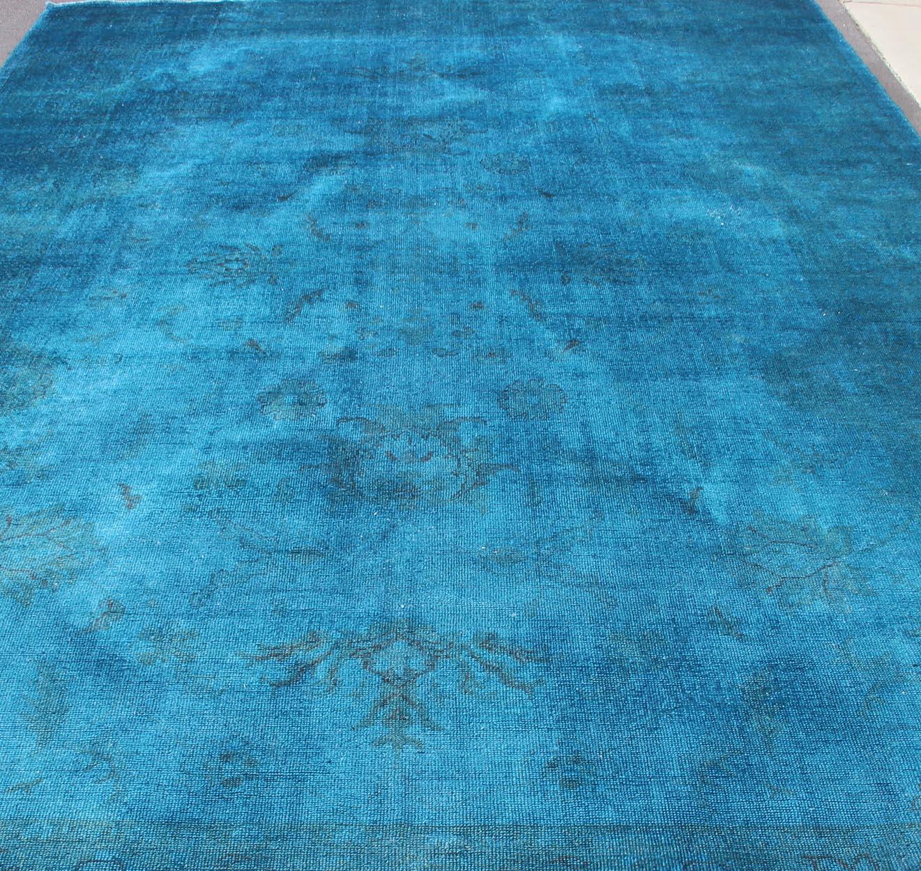 Large Modern Oushak Turkish Rug Over-Dyed in Blue Shades For Sale 5