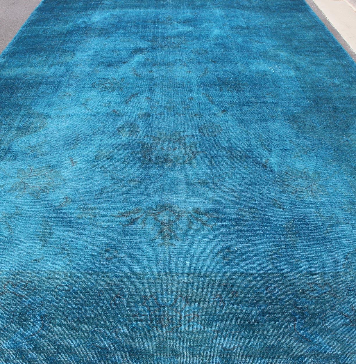 Large Modern Oushak Turkish Rug Over-Dyed in Blue Shades For Sale 6