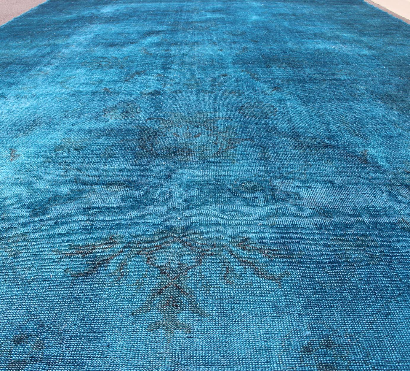 Wool Large Modern Oushak Turkish Rug Over-Dyed in Blue Shades For Sale