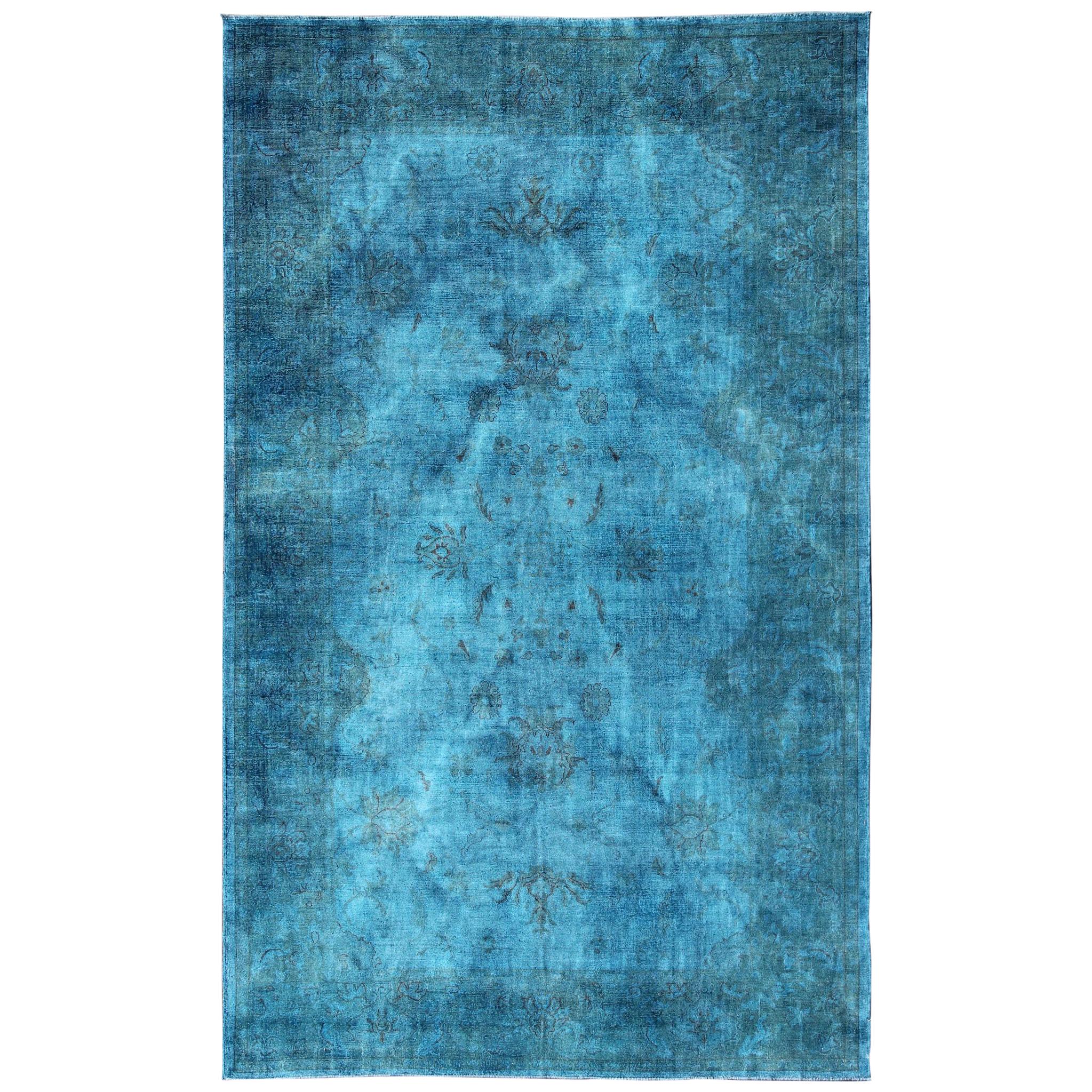 Large Modern Oushak Turkish Rug Over-Dyed in Blue Shades For Sale