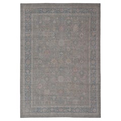 Large Modern Oushak With Floral Design on Gray-Blue Border With Muted Colors