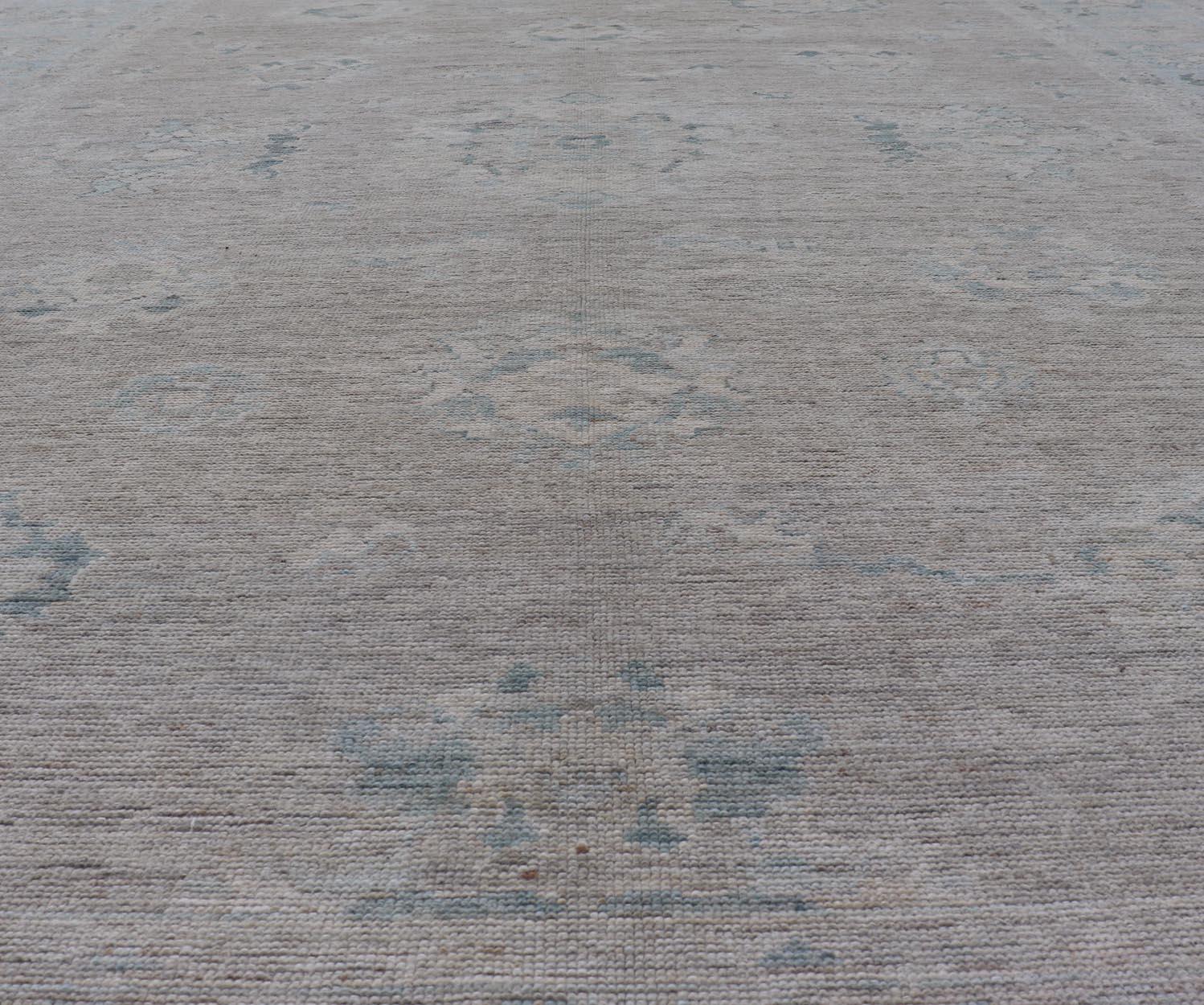 Large Modern Oushak with Floral Motifs in Wheat, Mushroom, Grey & Light Blue 4