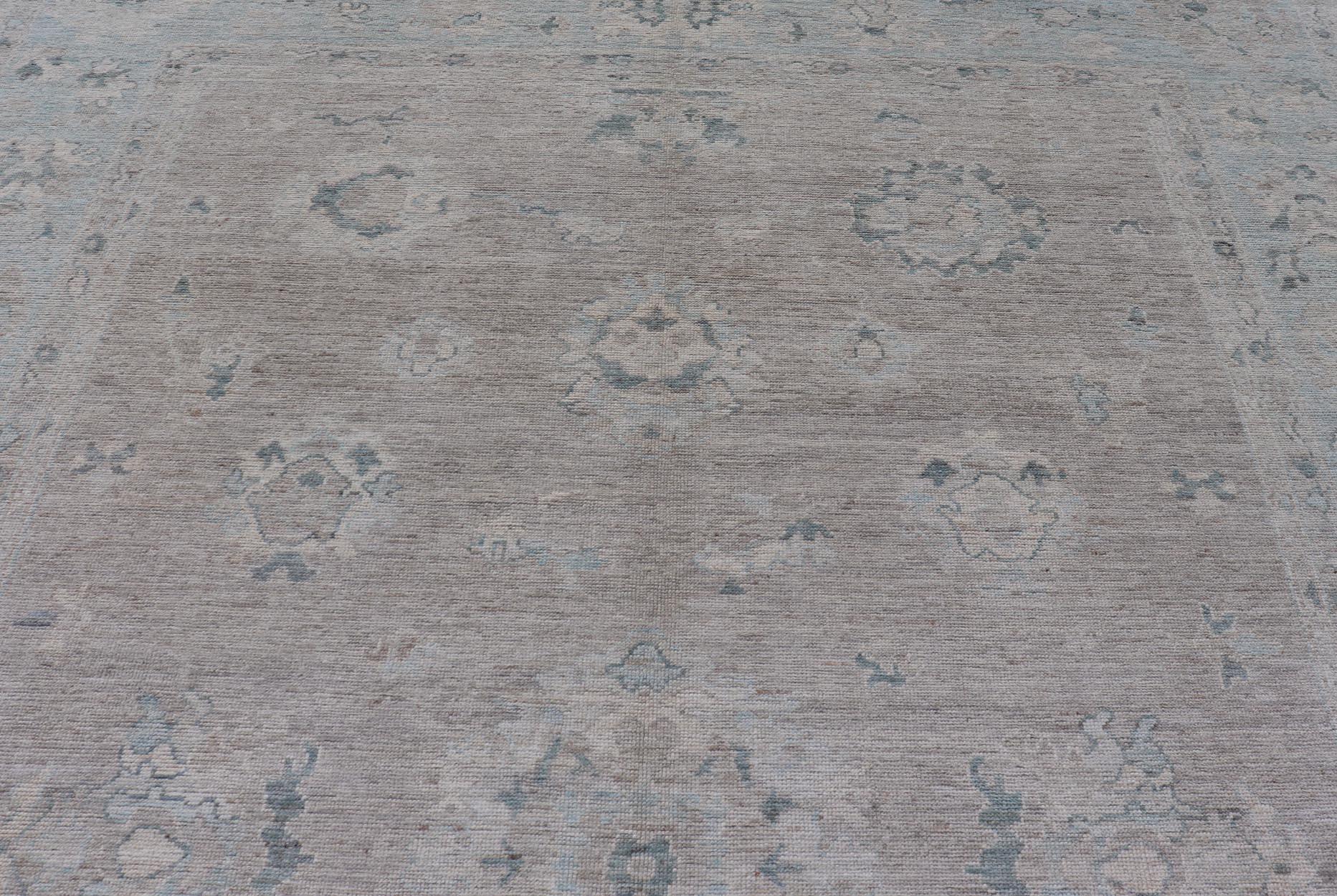 Large Modern Oushak with Floral Motifs in Wheat, Mushroom, Grey & Light Blue 5
