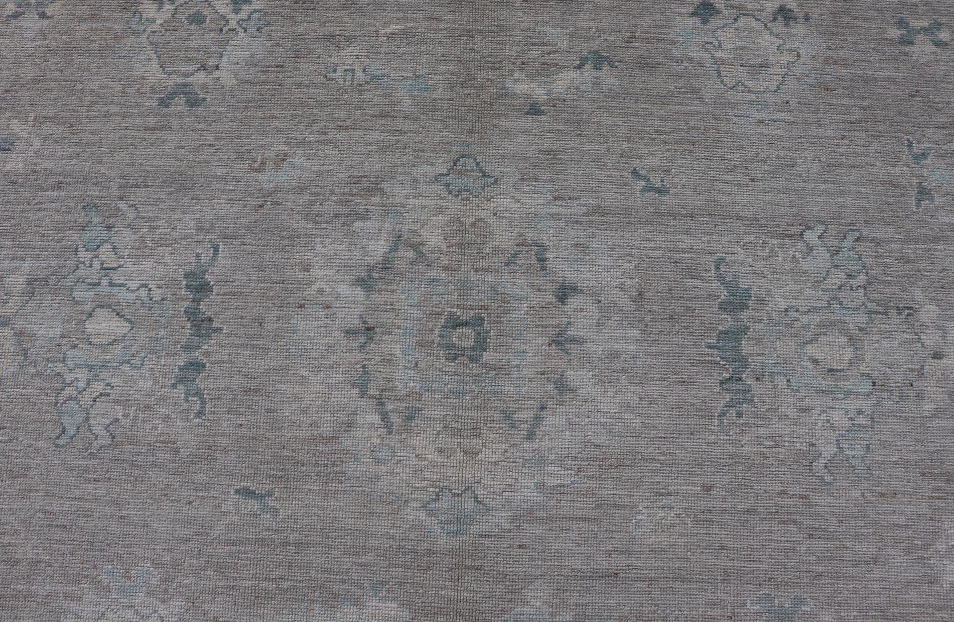 Large Modern Oushak with Floral Motifs in Wheat, Mushroom, Grey & Light Blue 6