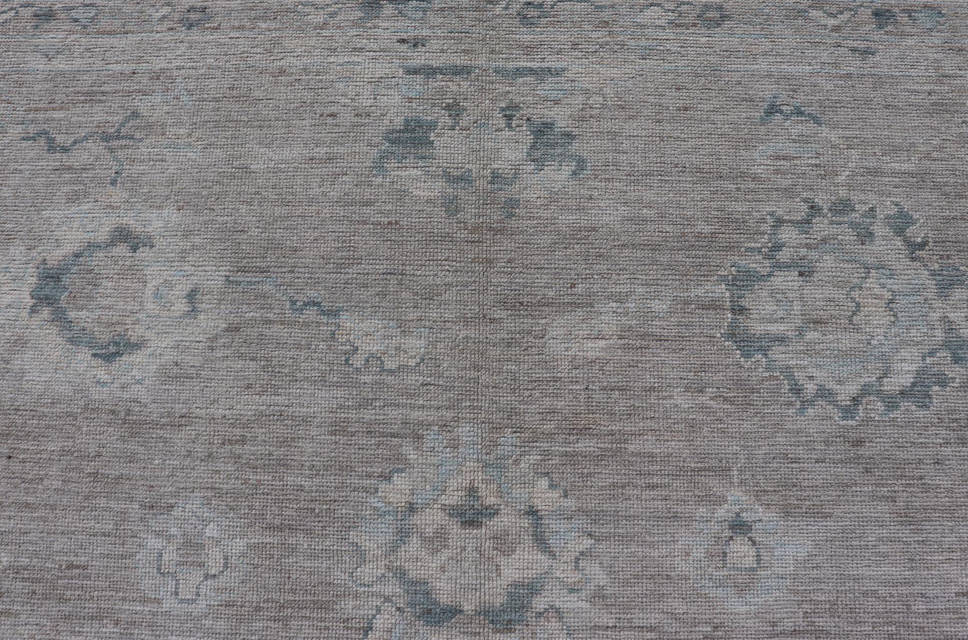 Large Modern Oushak with Floral Motifs in Wheat, Mushroom, Grey & Light Blue 7