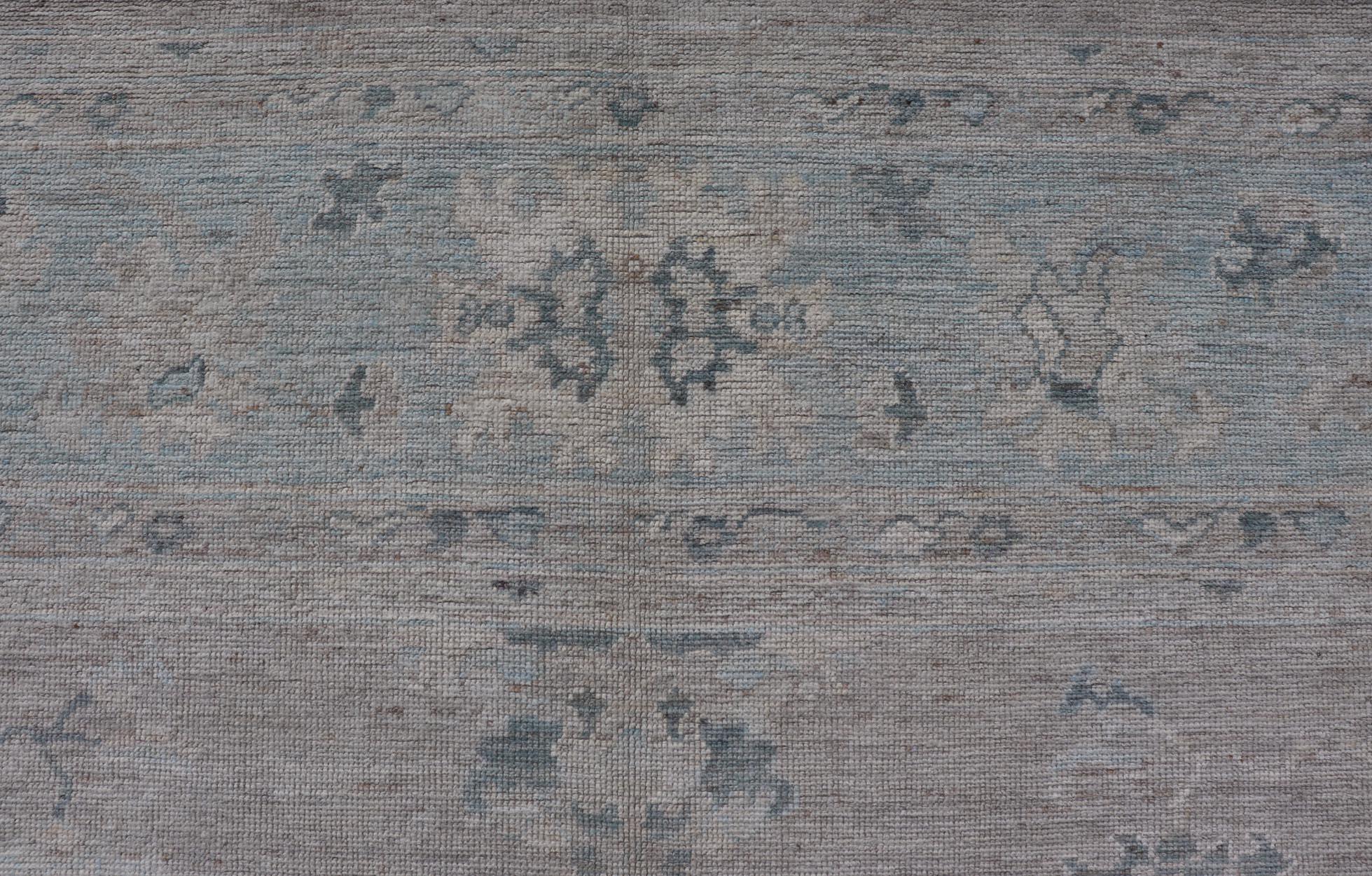 Large Modern Oushak with Floral Motifs in Wheat, Mushroom, Grey & Light Blue 8