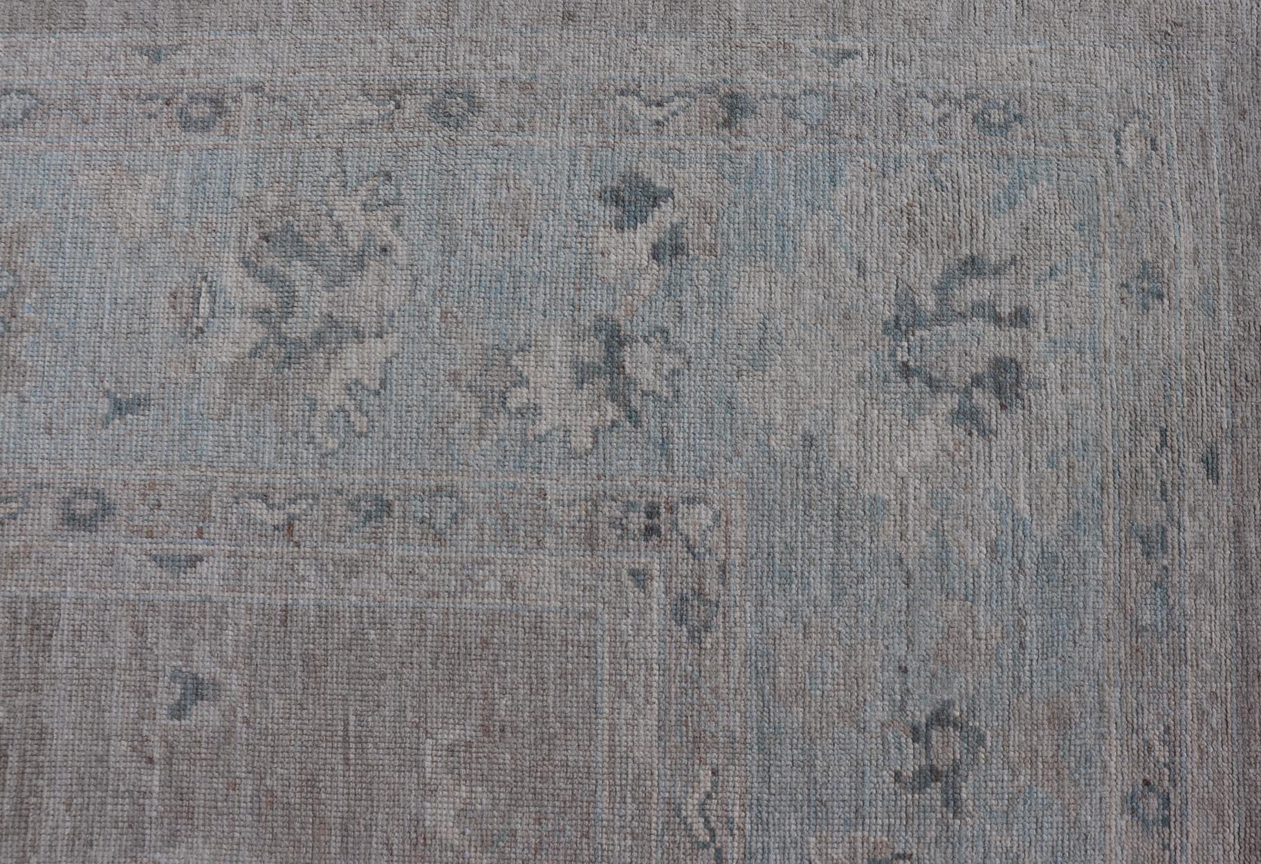 Large Modern Oushak with Floral Motifs in Wheat, Mushroom, Grey & Light Blue 9