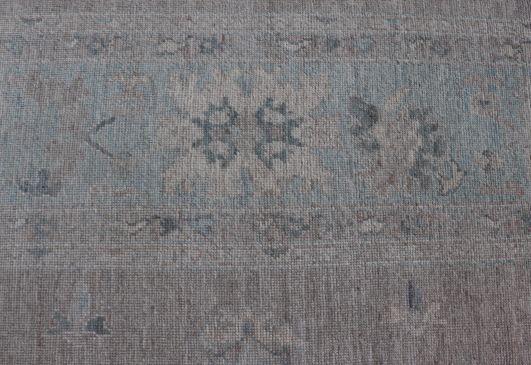 Large Modern Oushak with Floral Motifs in Wheat, Mushroom, Grey & Light Blue 10
