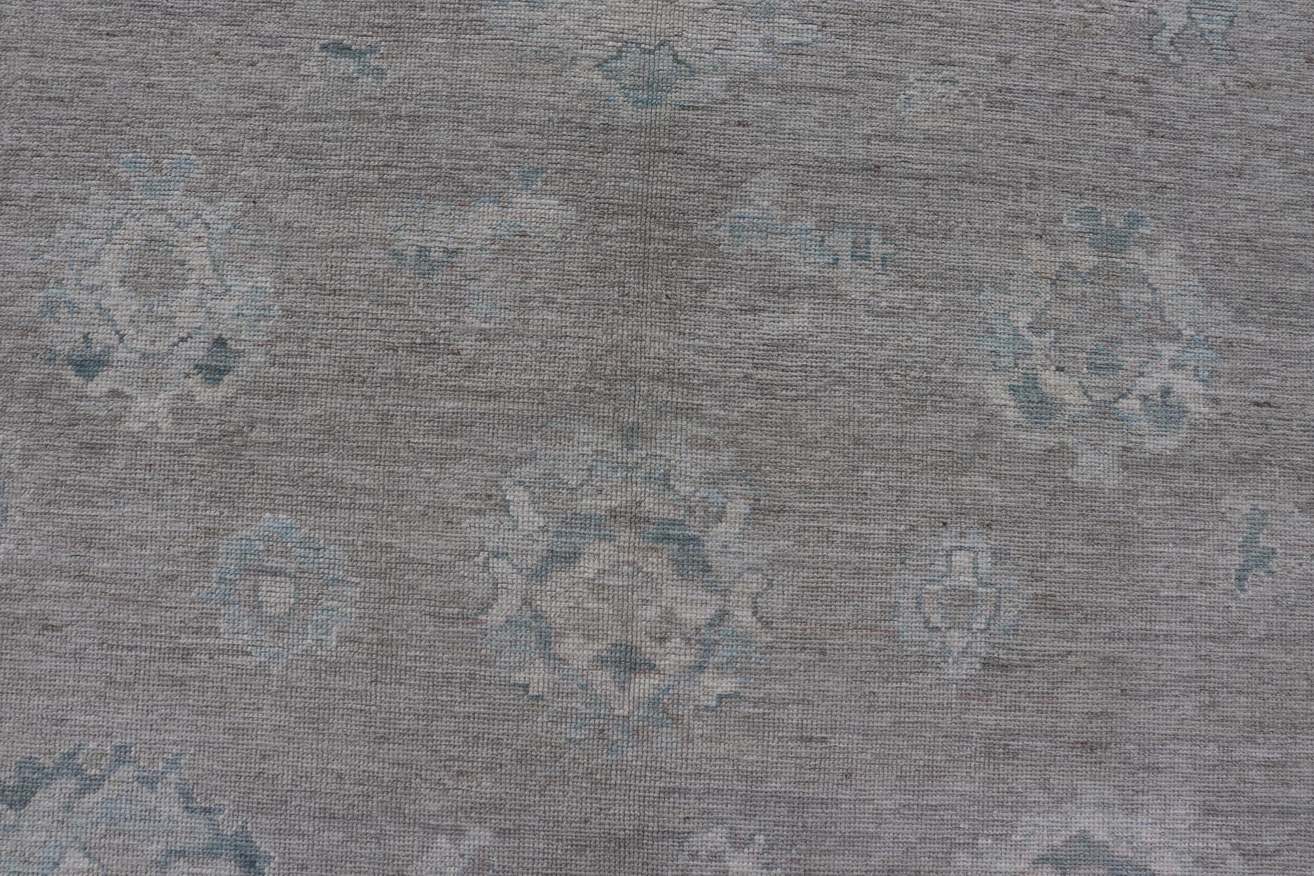 Hand-Knotted Large Modern Oushak with Floral Motifs in Wheat, Mushroom, Grey & Light Blue